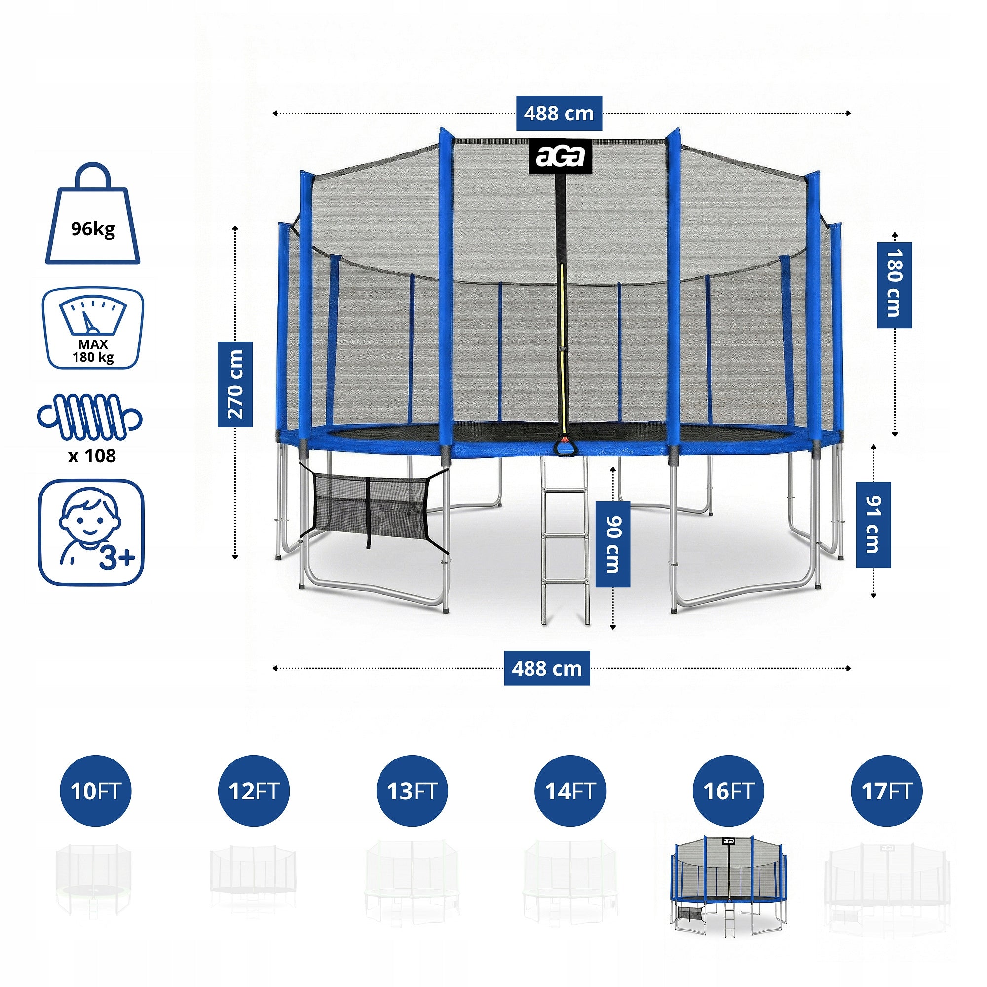 PREMIUM Trampoline SPORT PRO 500 cm 16FT Aga Blue MAX Safety Kid's age 3+ years