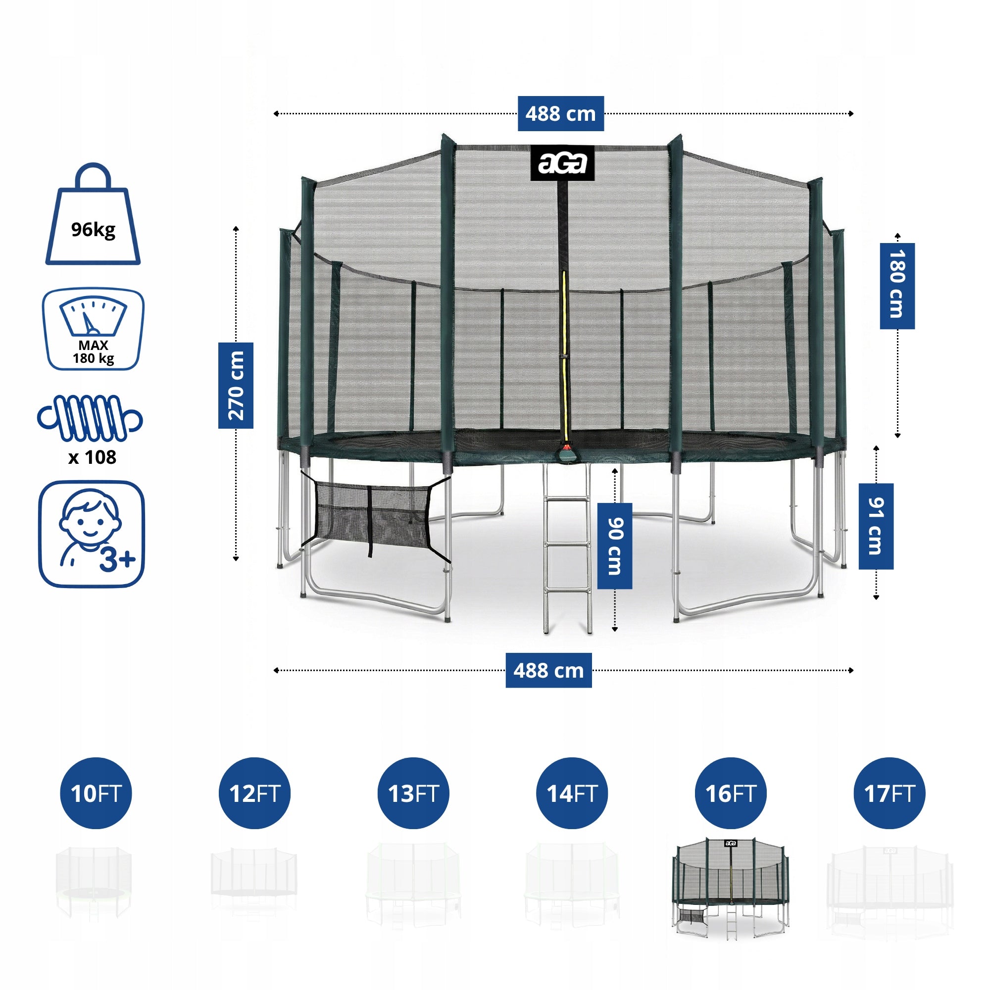 PREMIUM Trampoline SPORT PRO 500 cm 16FT Aga Green DG MAX Safety Net height 180 cm