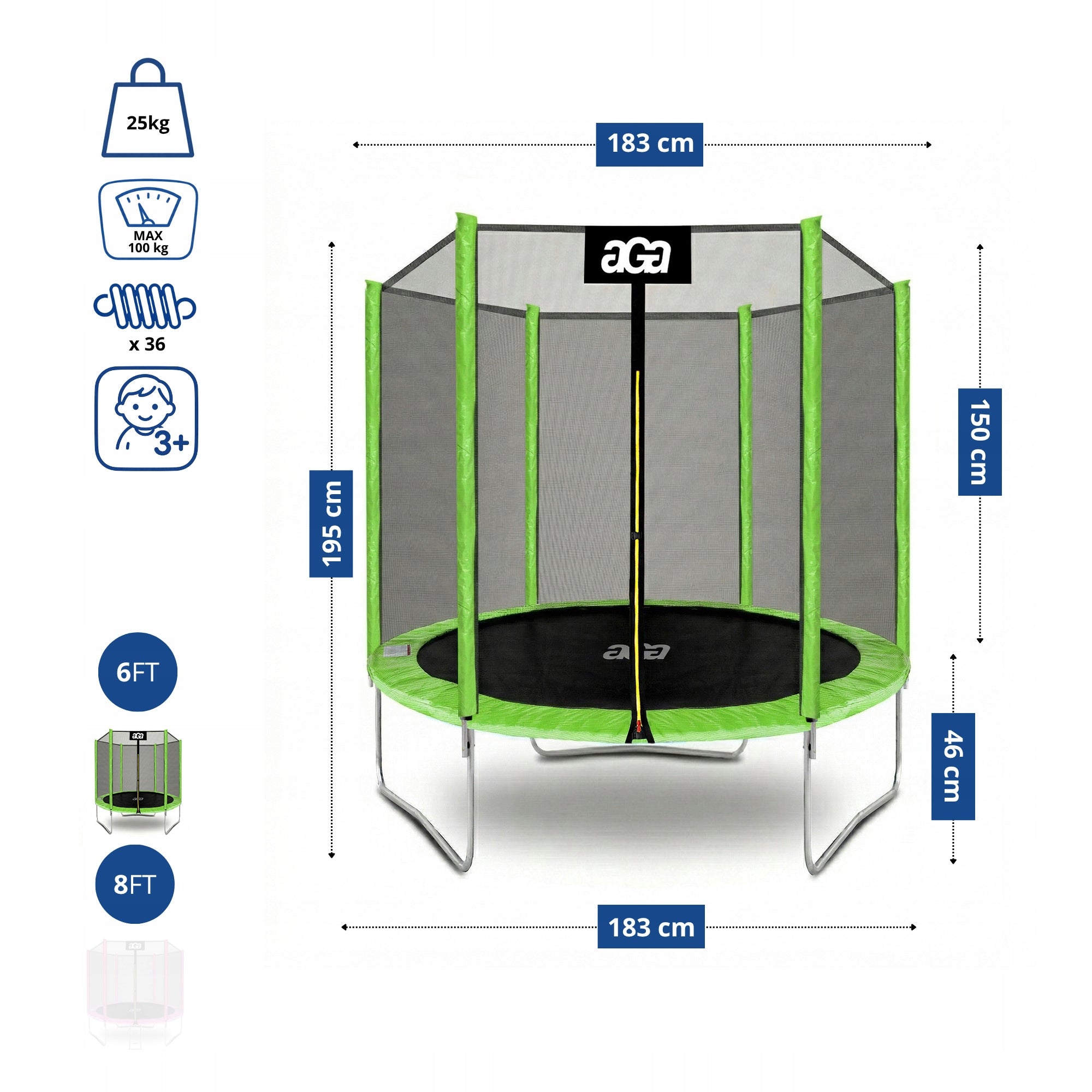 PREMIUM Trampoline SPORT TOP 180 cm 6 ft. Aga Green LG STRONG Safe Kid's age 8+ years
