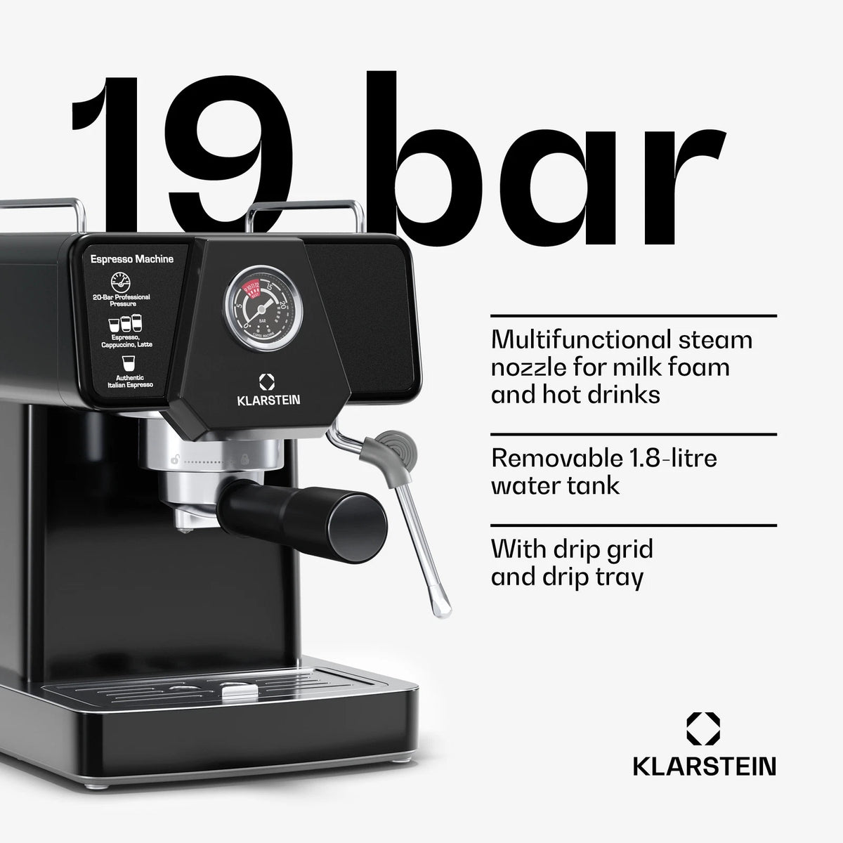 PRESSURE COFFEE MAKER KLARSTEIN 1350W 19 BAR FROTHER Manufacturer code 10046426