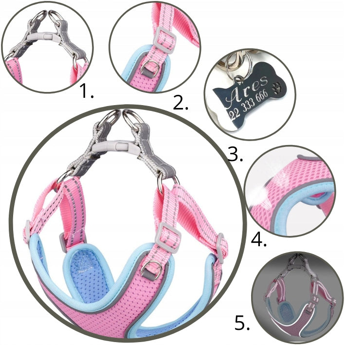 PRESSURE-FREE HARNESS FOR DOG BREATHABLE BREEZE reflective XXS pastel pink Brand no brand