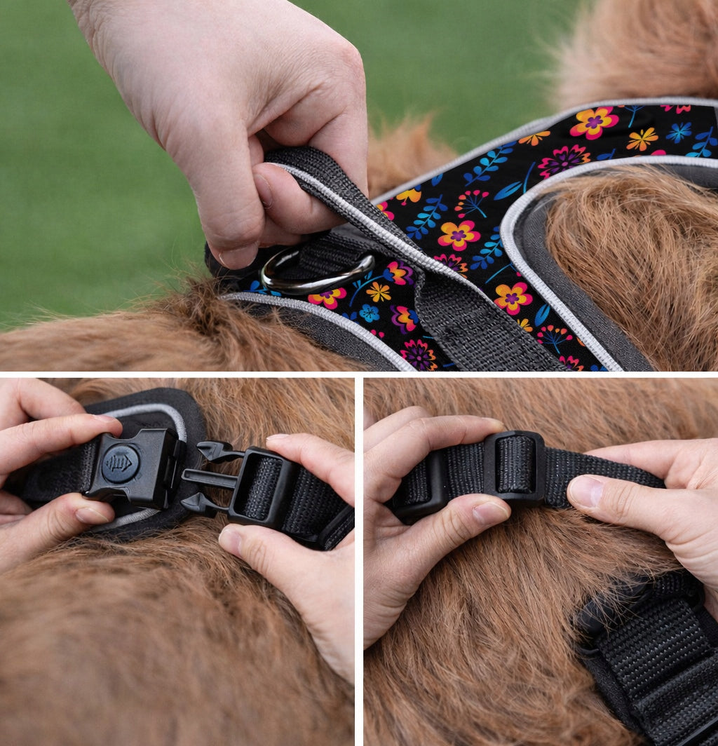 PRESSURE-FREE WALKING HARNESS GUARD FOR DOG STRONG SOFT STRONG FLOWERS r. L Brand Reverse