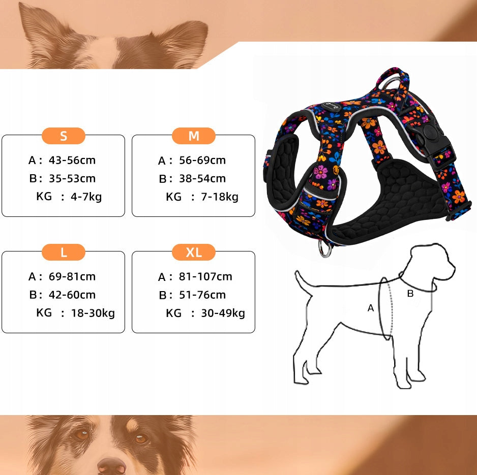 PRESSURE-FREE WALKING HARNESS GUARD FOR DOG STRONG SOFT STRONG FLOWERS r. L Size L