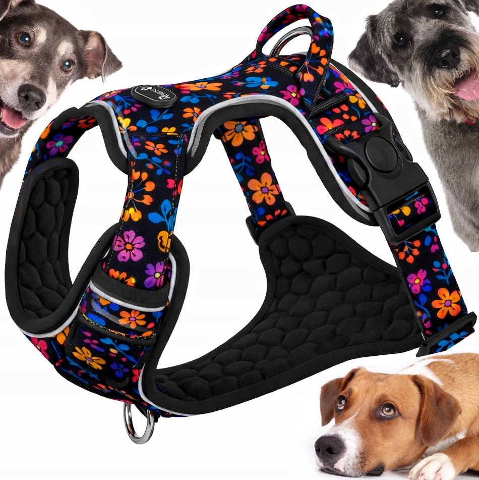 PRESSURE-FREE WALKING HARNESS GUARD FOR DOG STRONG SOFT STRONG FLOWERS r. L