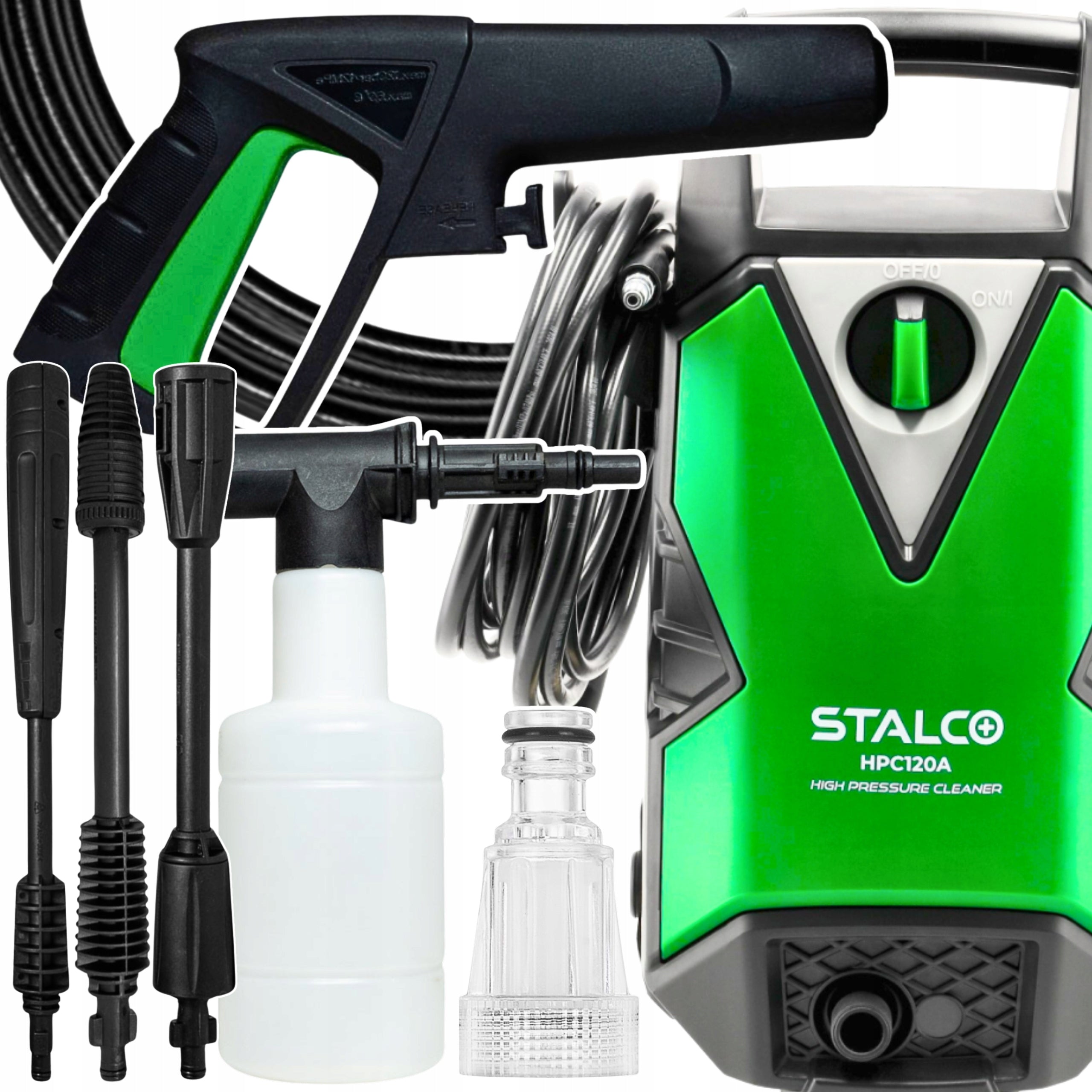 PRESSURE WASHER SET STRONG ALUMINUM PUMP SELF SUCTION FOAMER 1500W Manufacturer code MYJKA CIŚNIENIOWA SAMOSSĄCA MOCNA BAR STALCO