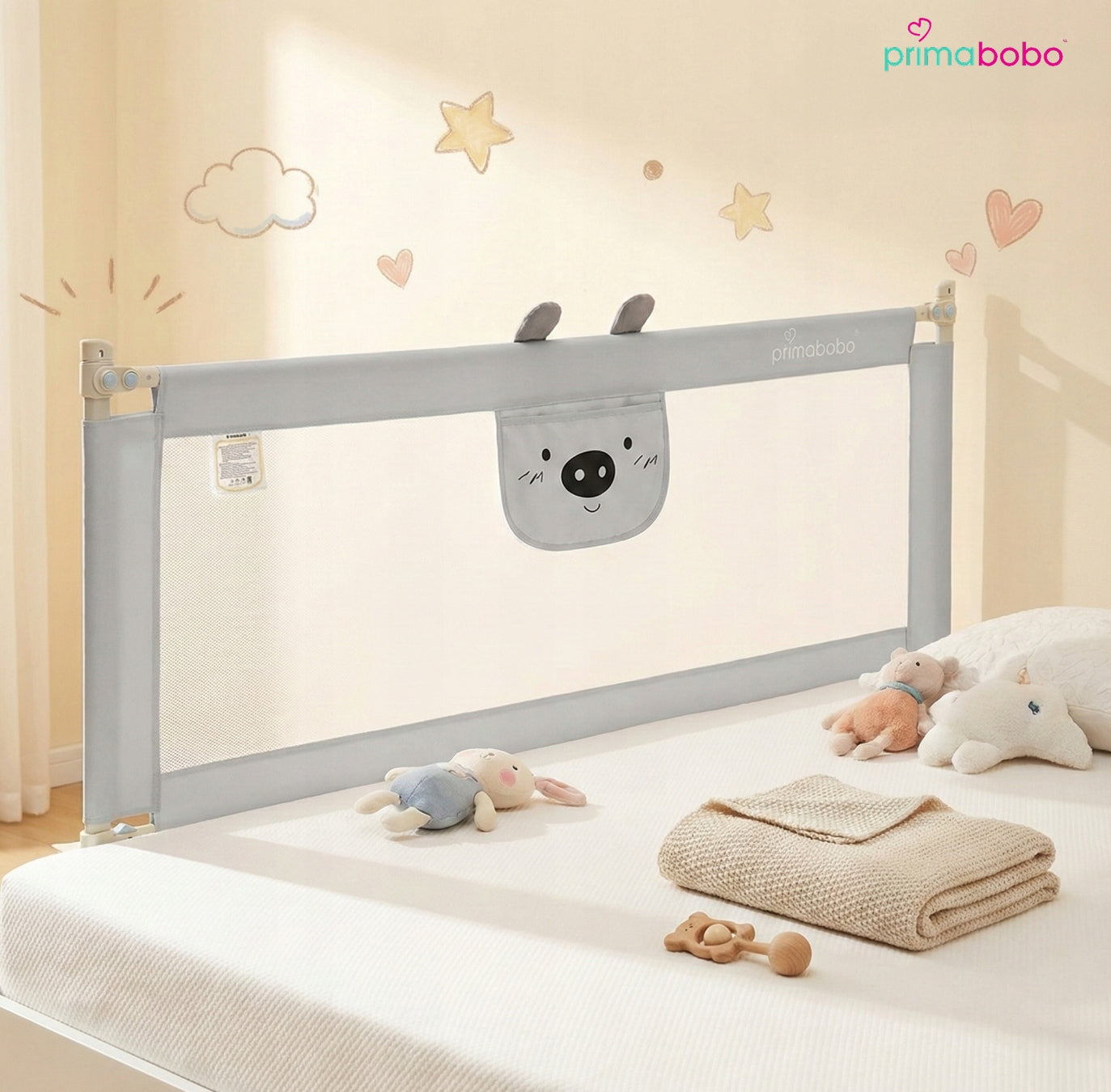 PRIMABOBO Protective barrier for bed BEAR 200x160cm 3 pcs Folding GREY Packaging status original