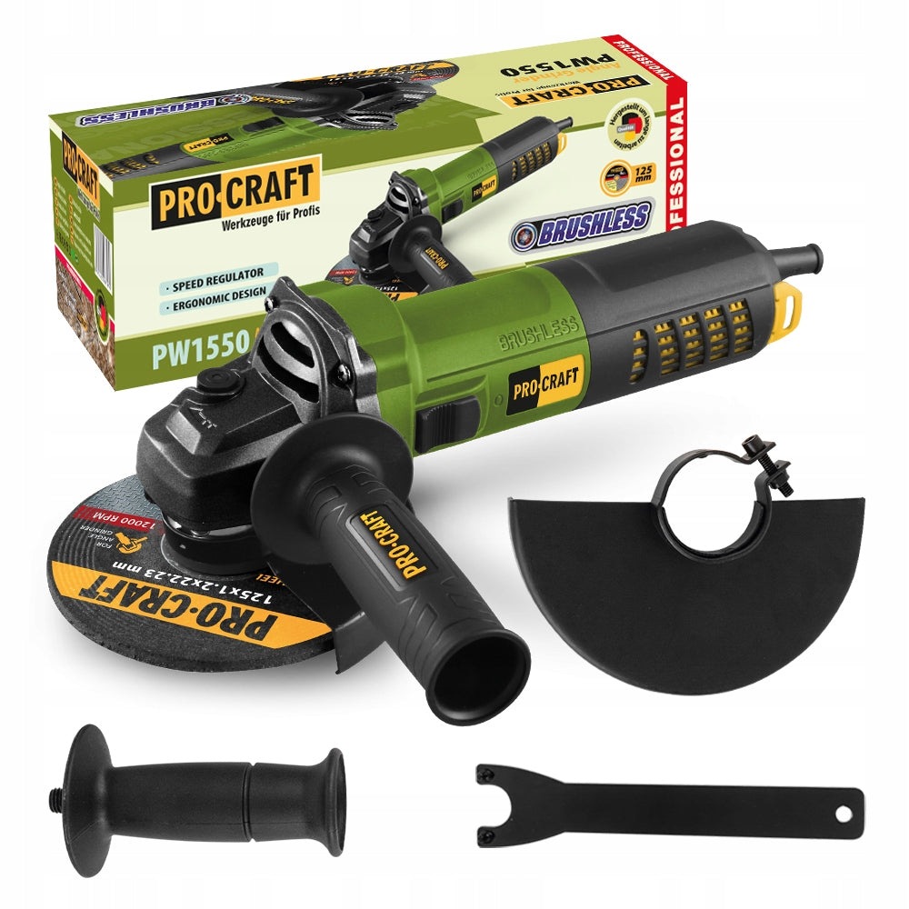 PROCRAFT PW1550 ANGLE GRINDER 125MM 850W BRUSHLESS LIGHTWEIGHT + FREEBIE Batteries included no