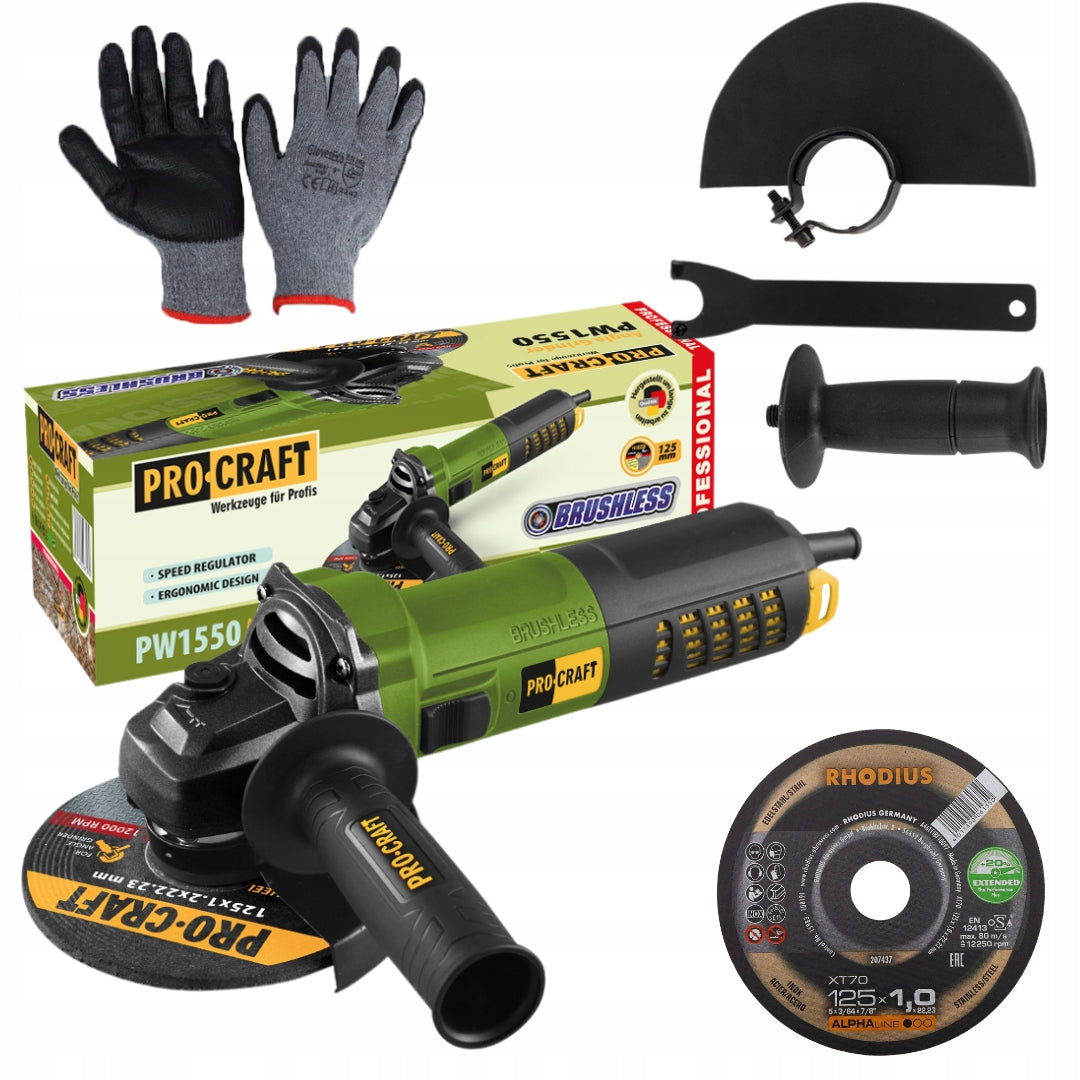 PROCRAFT PW1550 ANGLE GRINDER 125MM 850W BRUSHLESS LIGHTWEIGHT + FREEBIE