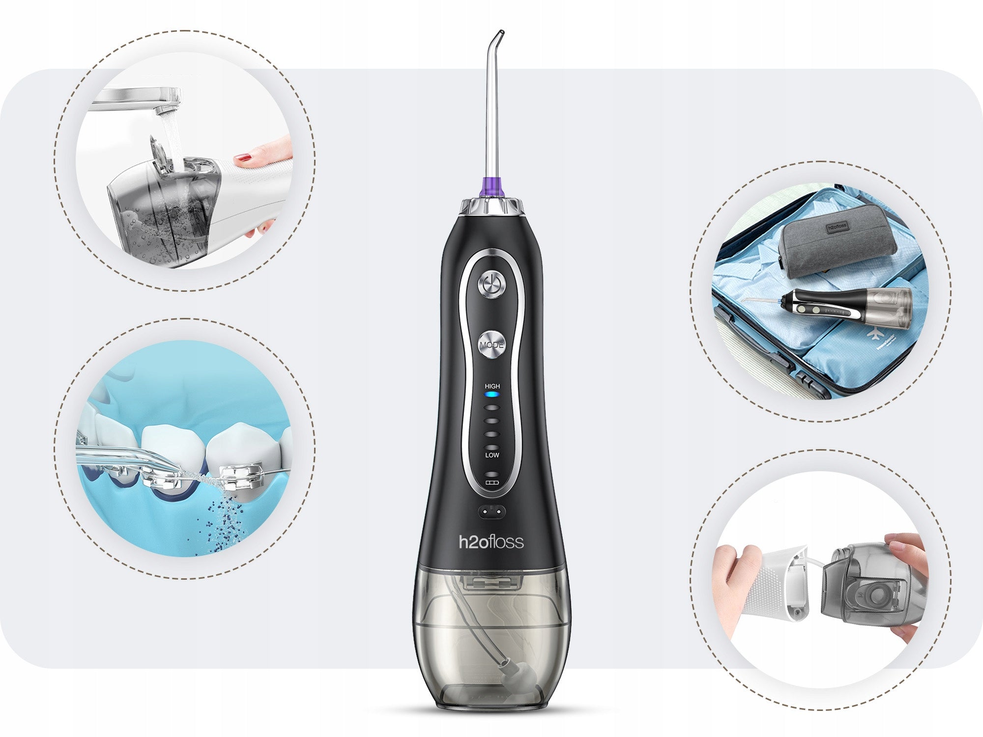 PROFESSIONAL WIRELESS TOOTH IRRIGATOR 5 MODES + 8 NOZZLES Model Irygator Retoo