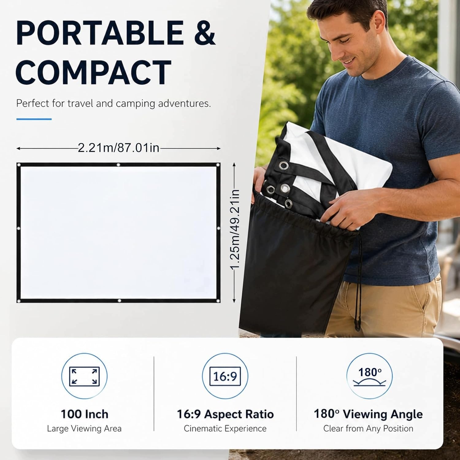 PROJECTION SCREEN 100 INCHES 16:9 FOLDABLE PORTABLE HD 221X125CM Model LOMUG Projektor na płótnie 100 cali, 16:9 HD, skła