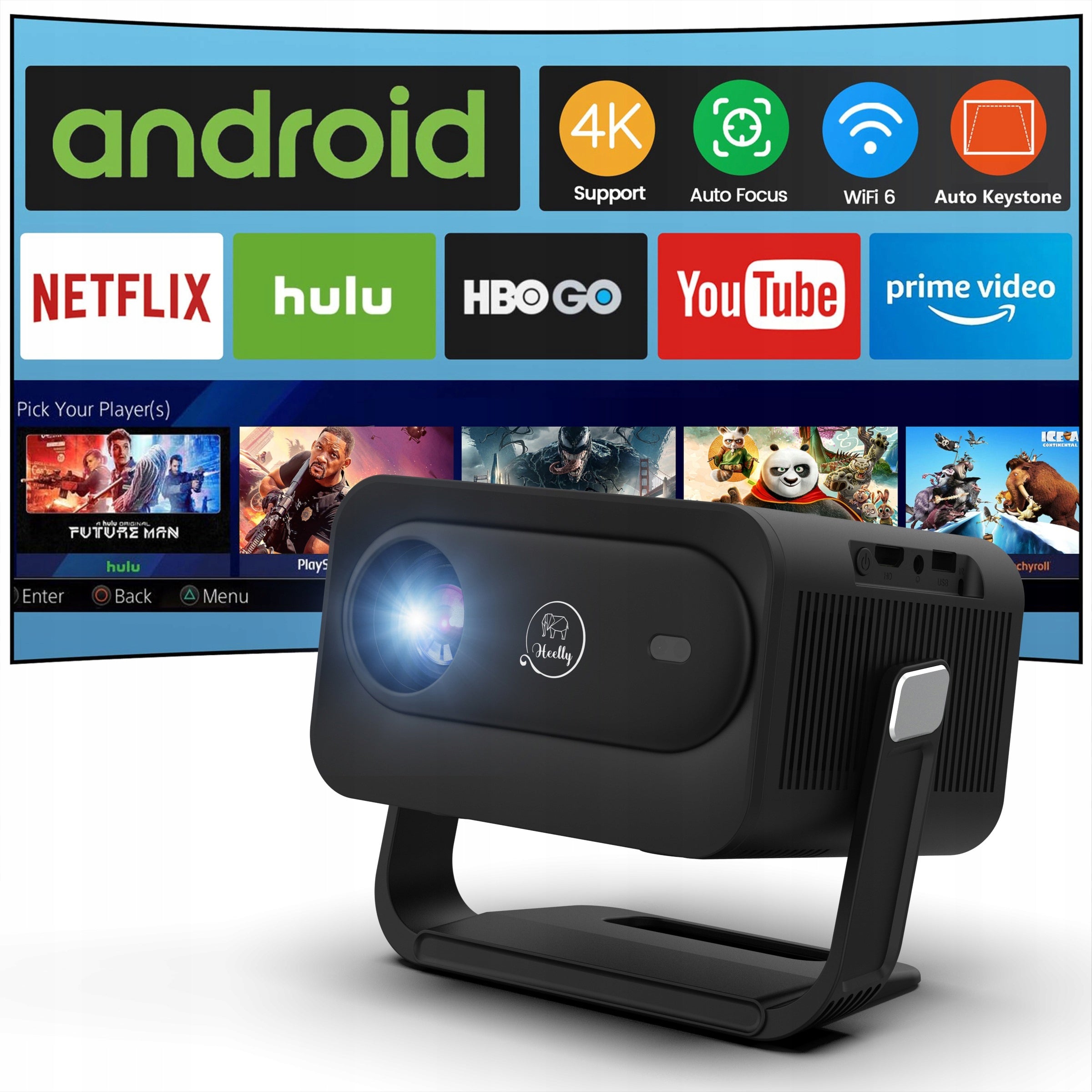 PROJECTOR 20000LM 1080P WIFI ANDROID SMART TV 4K AUTOFOCUS HEELLY