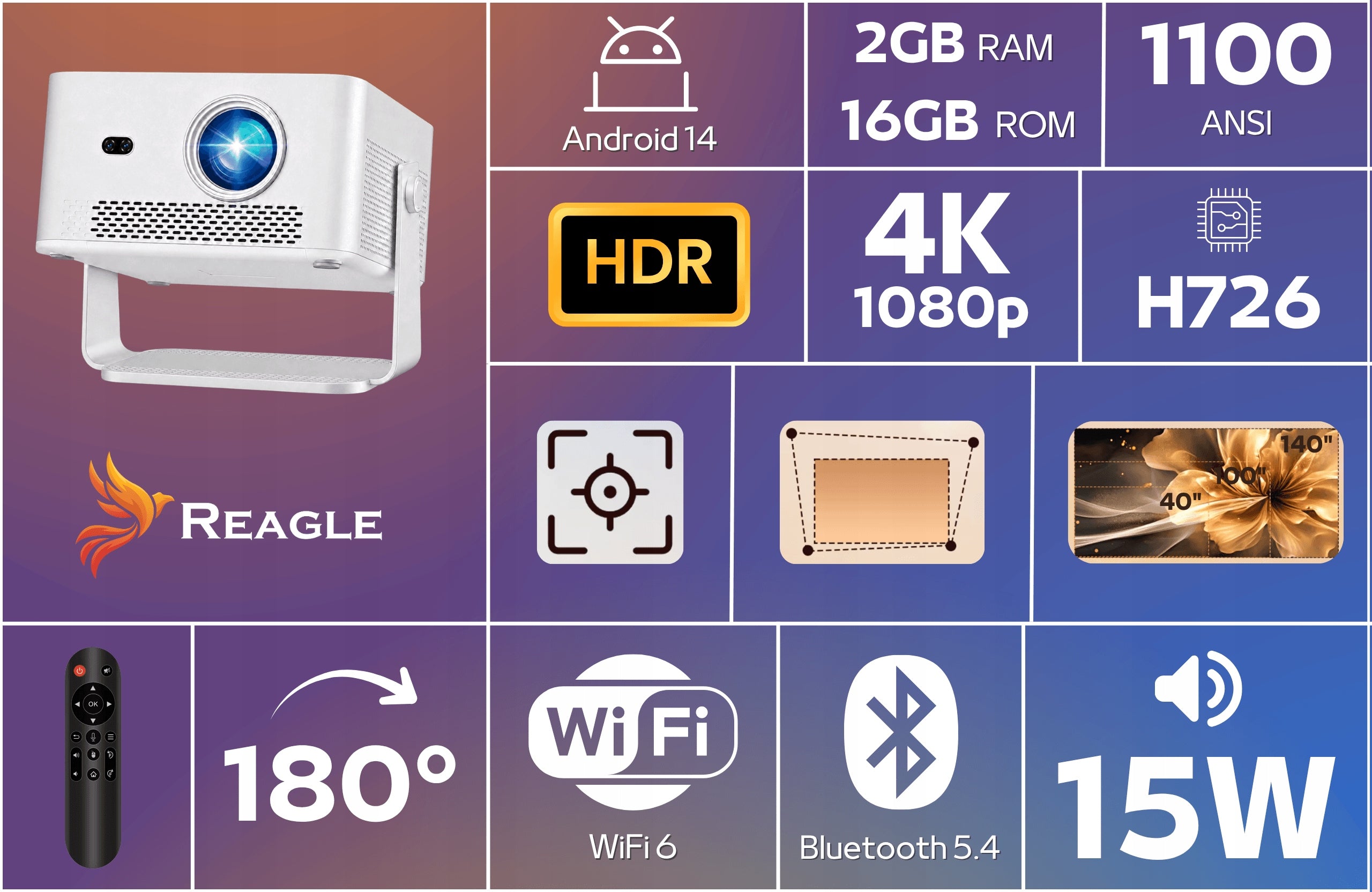 PROJECTOR LED PROJECTOR 1100 ANSI 4K 140" ANDROID 14 SMART TV WIFI 6 Packaging status original
