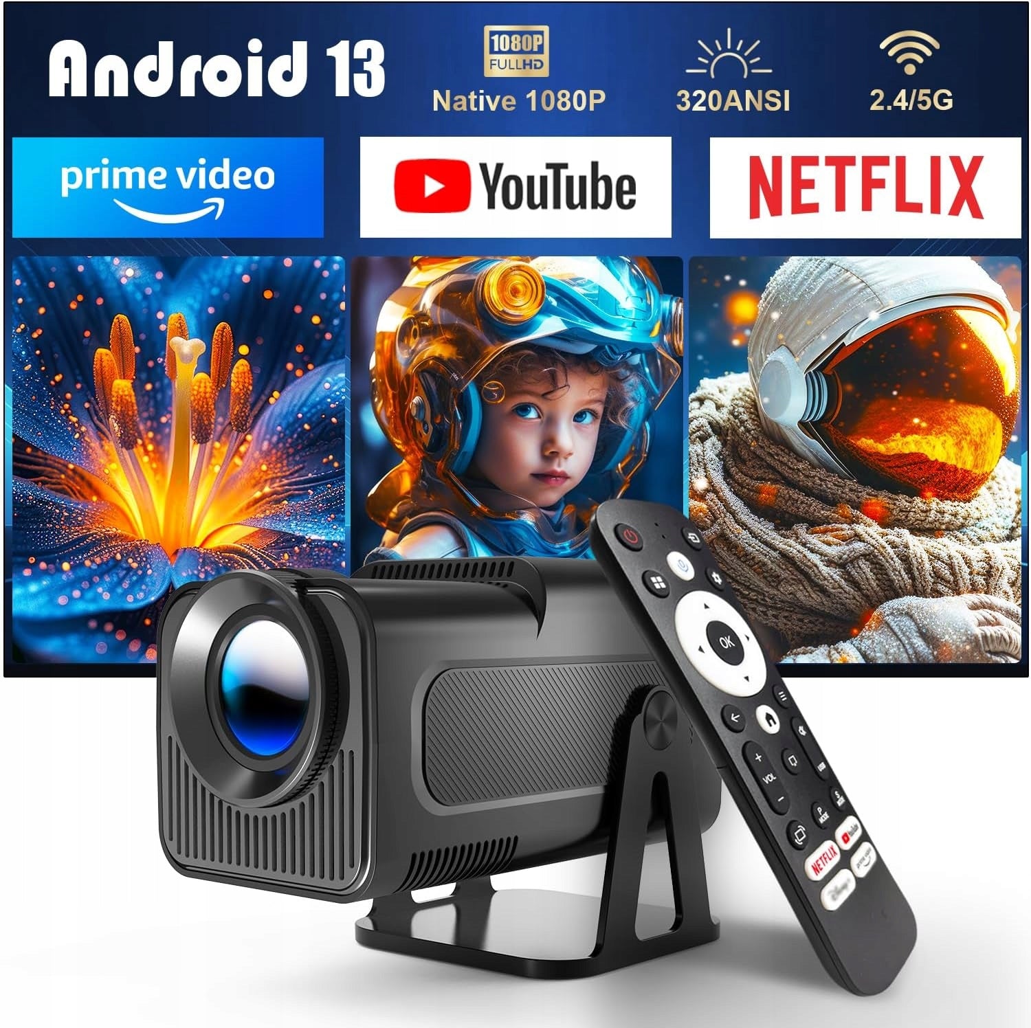 PROJECTOR SMART ANDROID 13 1080P 320 ANSI WI-FI 5G BLUETOOTH NETFLIX