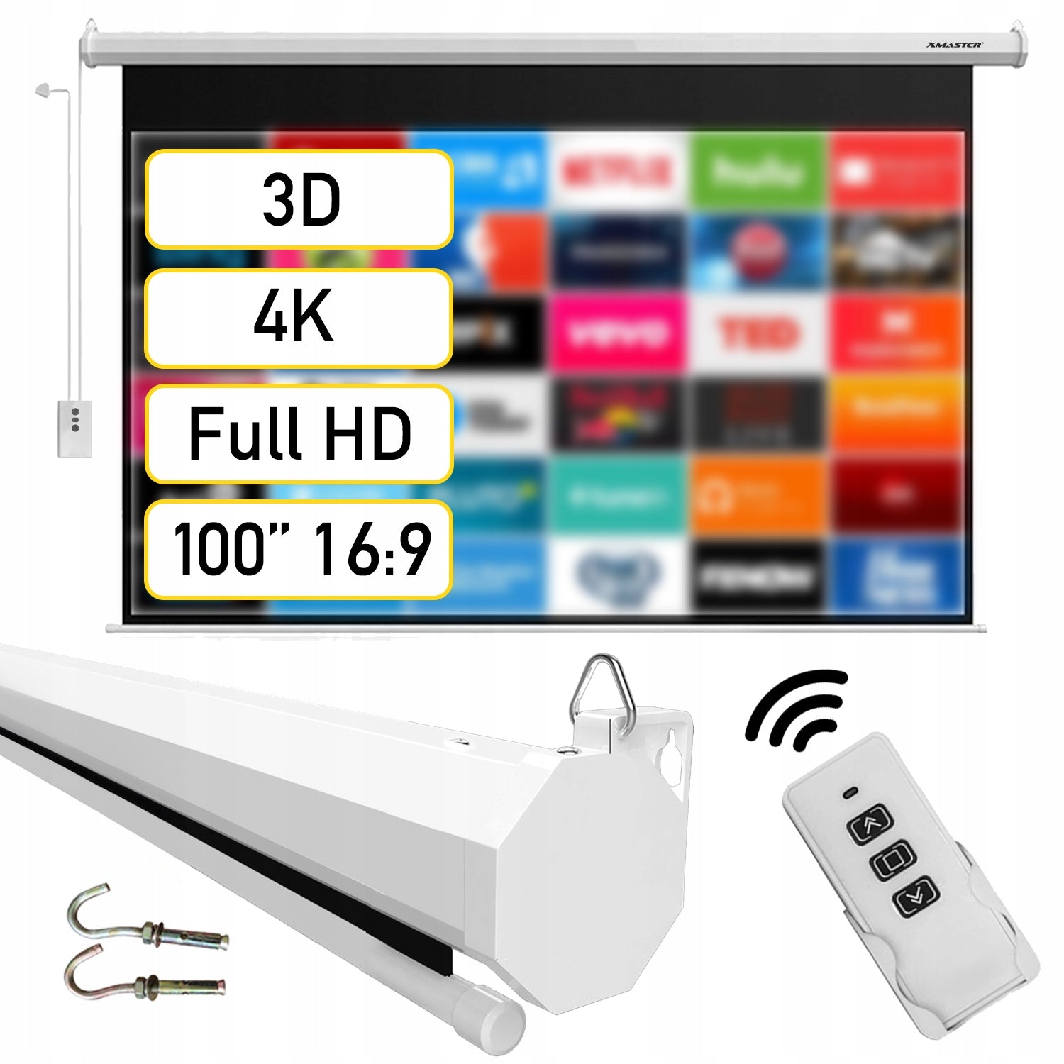 PROJECTOR WALL PROJECTION SCREEN ELECTRIC AUTOMATIC REMOTE CONTROL 100 INCH