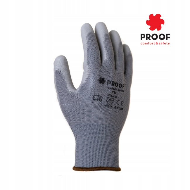 PROTECTIVE WORK GLOVES POLYURETHANE COATED PROOF GREY R. 9 10 pairs Brand Proof
