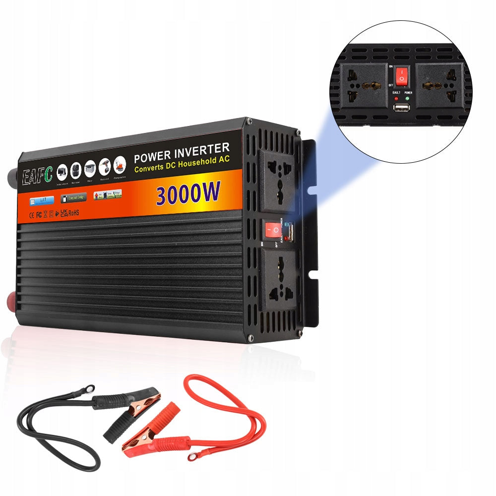 PRZETWORNICA NAPIĘCIA 12V 230V 1500W/3000W MODYFIKOWANY SINUS USB