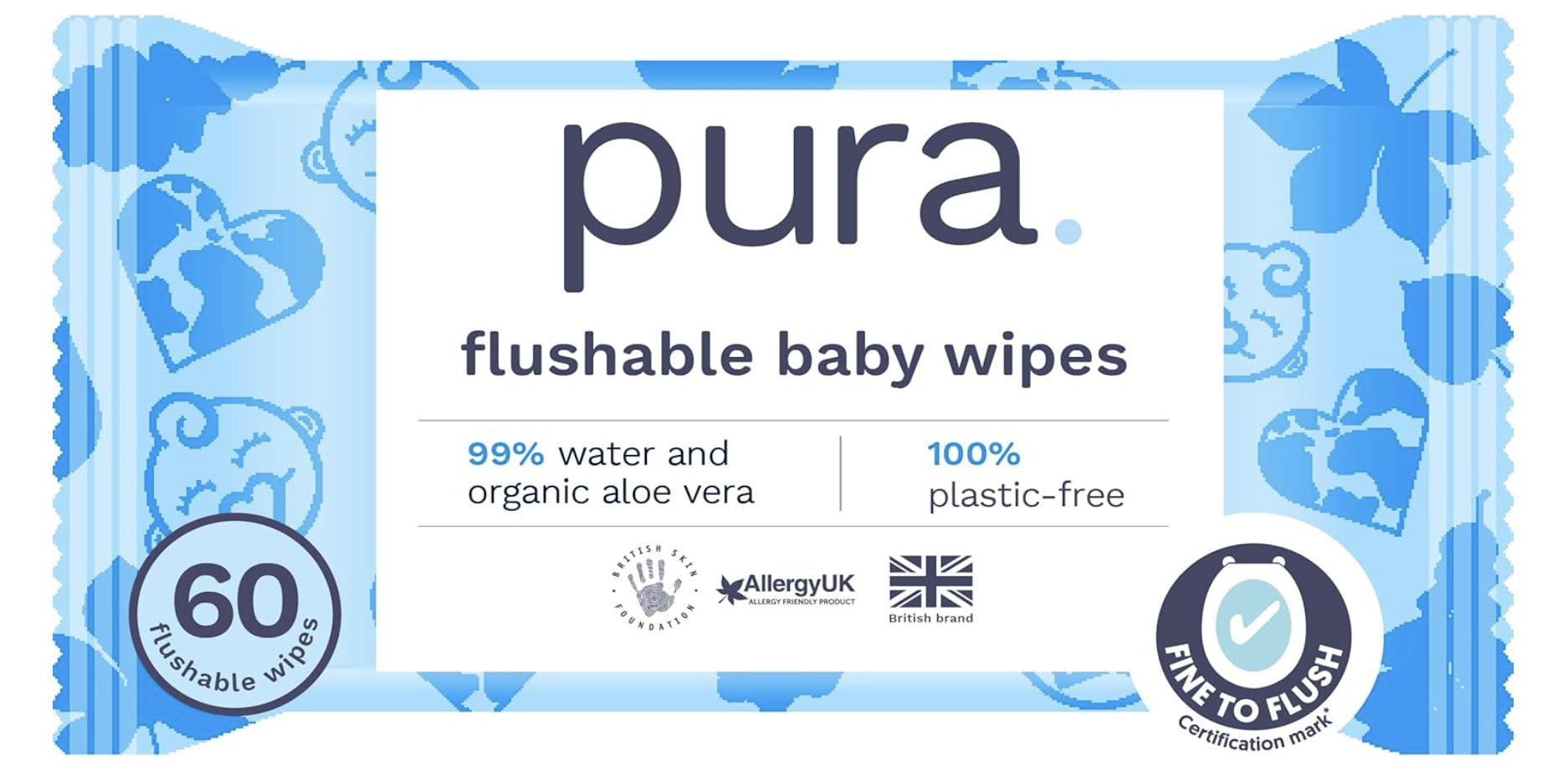 PURA FLUSHABLE BABY WIPES WET WIPES FOR KIDS 60PCS 99% WATER Packaging status original
