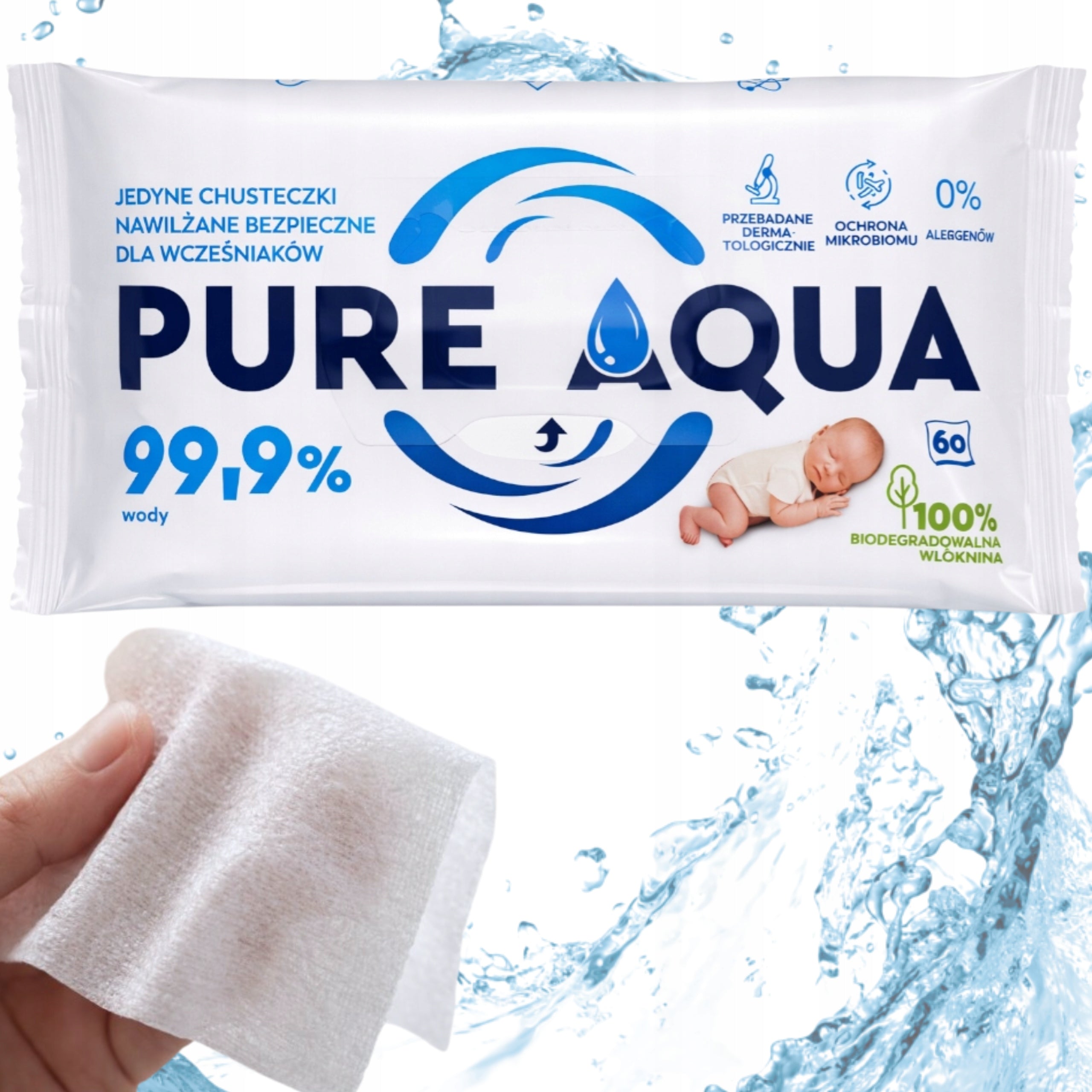 PURE AQUA Moisturized Water Wipes for Premature Babies 99,9% Water 60sz