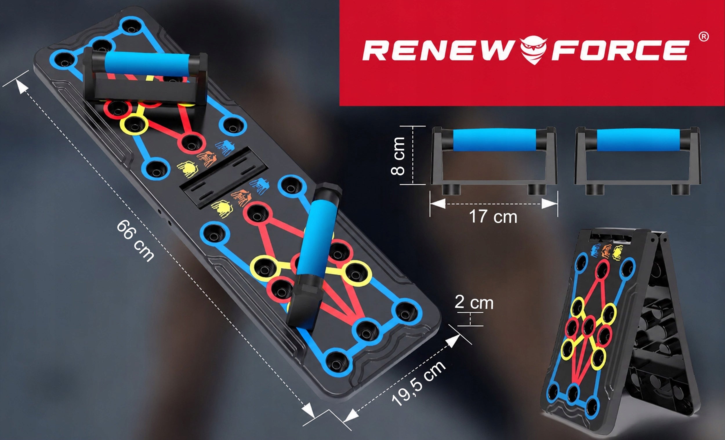 PUSH-UP BOARD + EXERCISE HANDLES PUSH-UP BOARD CAGES UP TO 136kg Height 1.9 cm