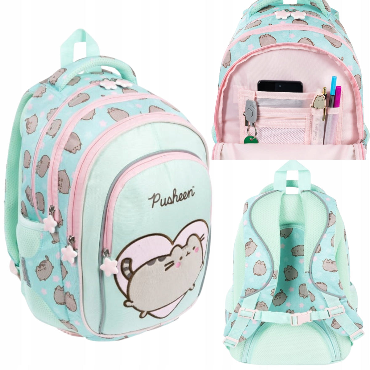 PUSHEEN BACKPACK FOR ELEMENTARY SCHOOL BACKPACK FOR GIRLS MINT 4 COMPARTMENT