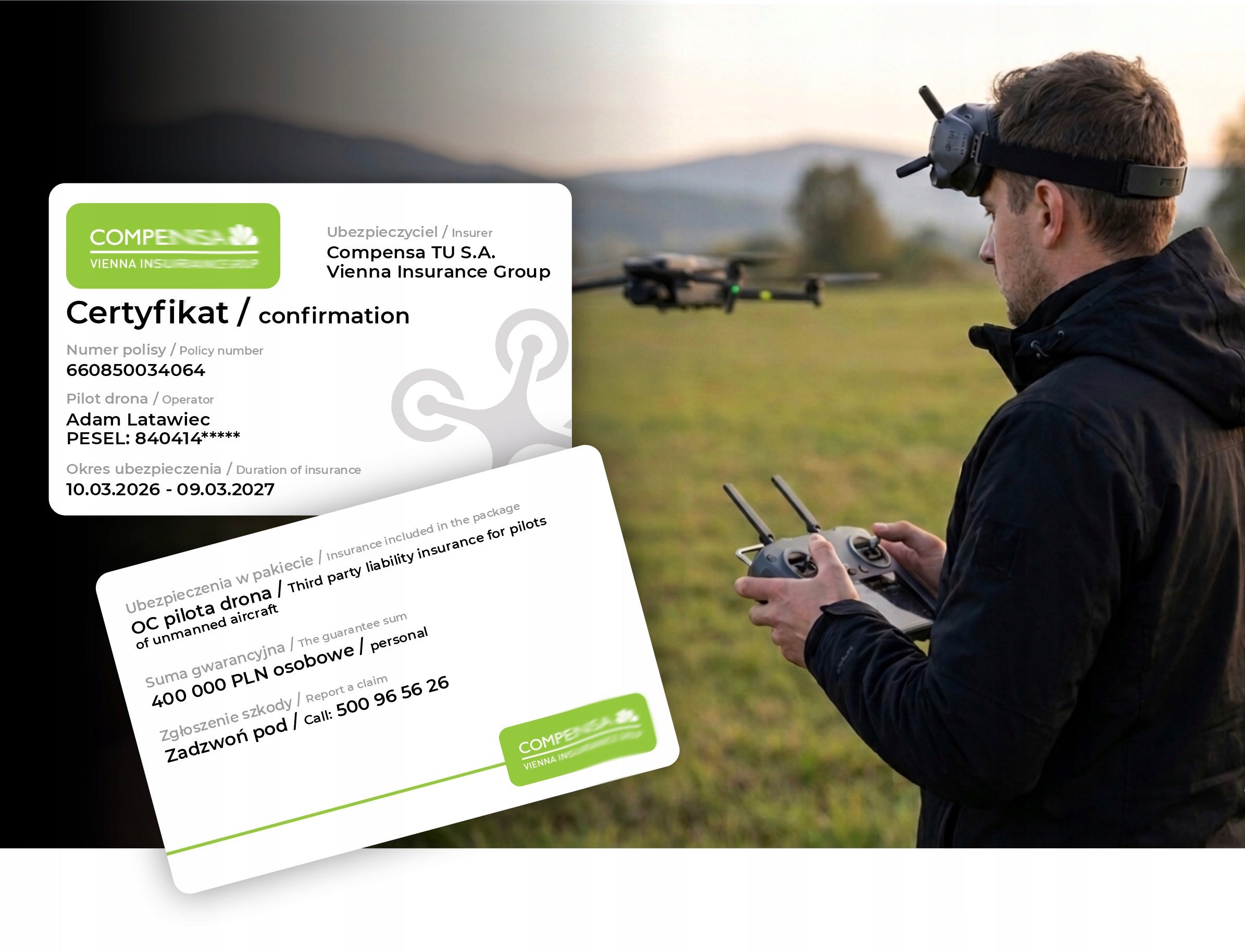 PVC card - drone operator insurance Manufacturer code ERI_PL