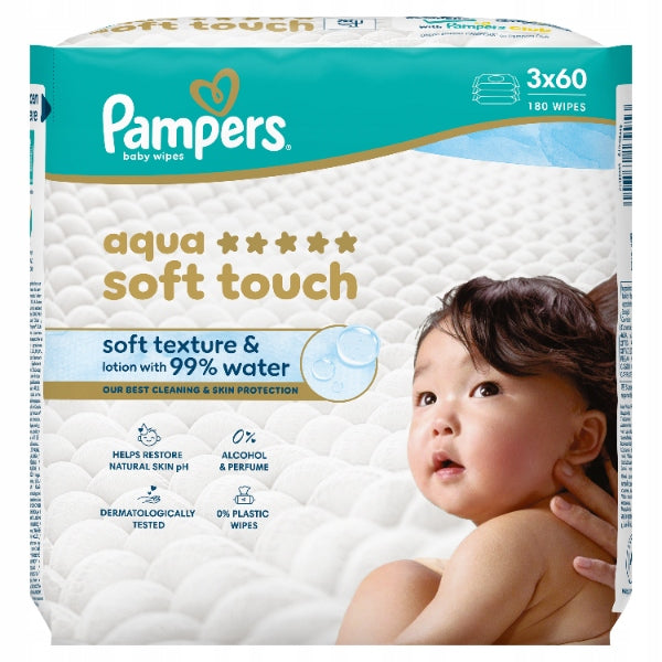 Pampers Aqua Soft Touch Wipes for Children, 3 x 60 = 180 pcs Packaging status original