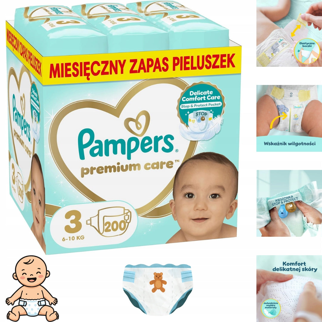 Pampers Premium Care Diapers 3, 6-10 kg, 200 pcs. - MEGA LONG STOCK