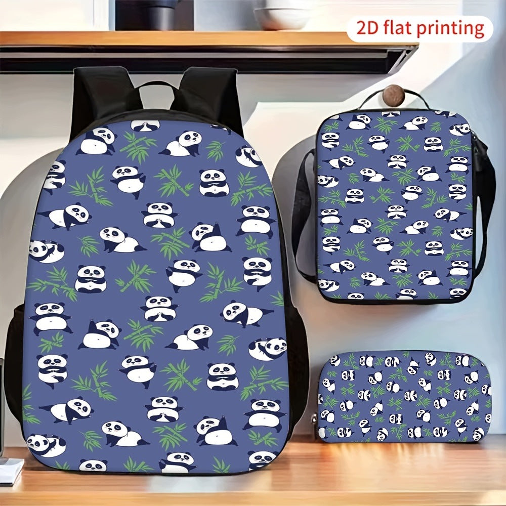 Panda Bamboo Print 3-Piece Backpack Set with Lunch Bag and Pencil Case