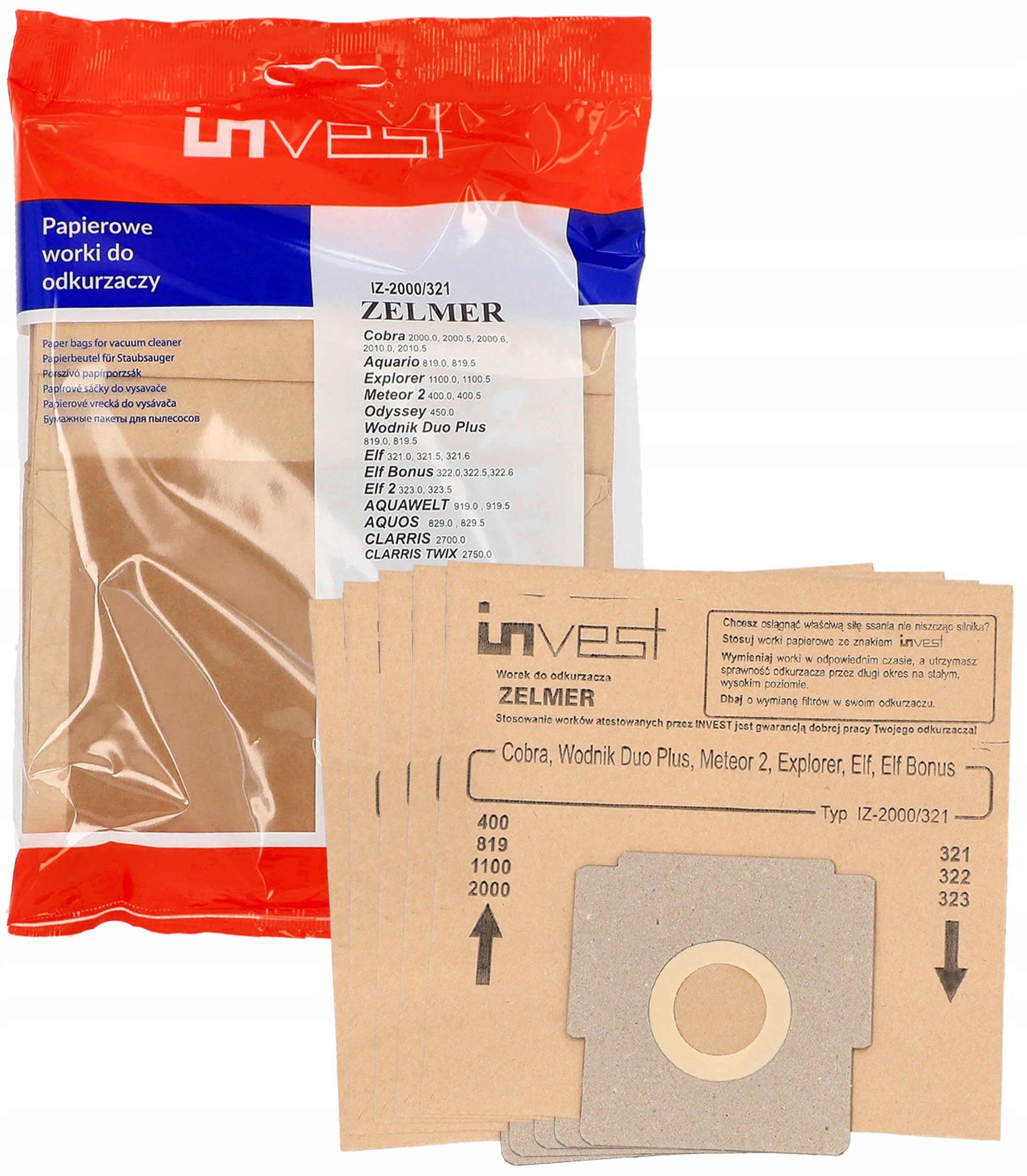Paper bags for vacuum cleaner Zelmer 321 ELF METEOR 2 COBRA ODYSSEY 10 pcs Manufacturer Invest