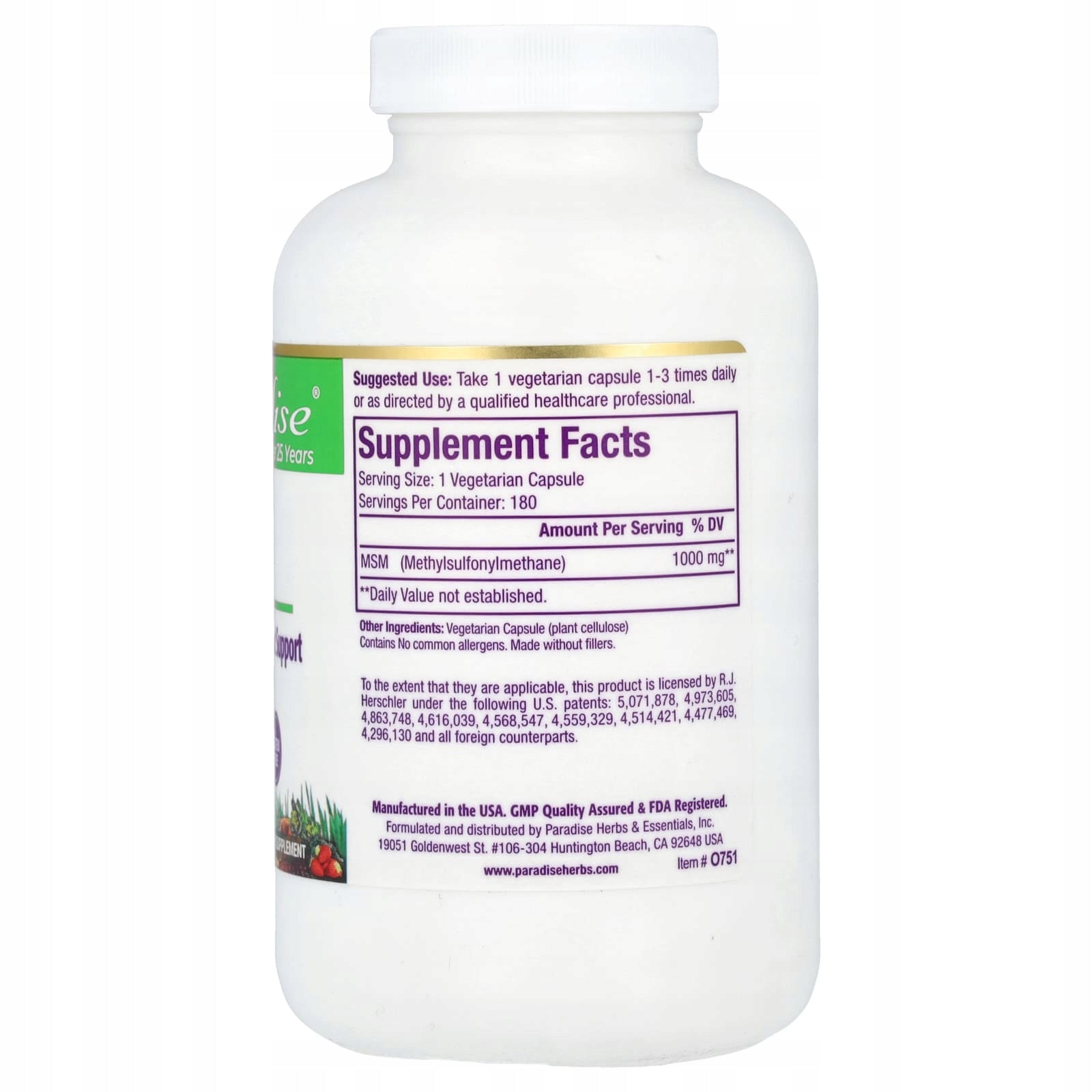 Paradise Herbs, MSM, 1000 mg, 180 vegetarian capsules Brand Paradise Herbs