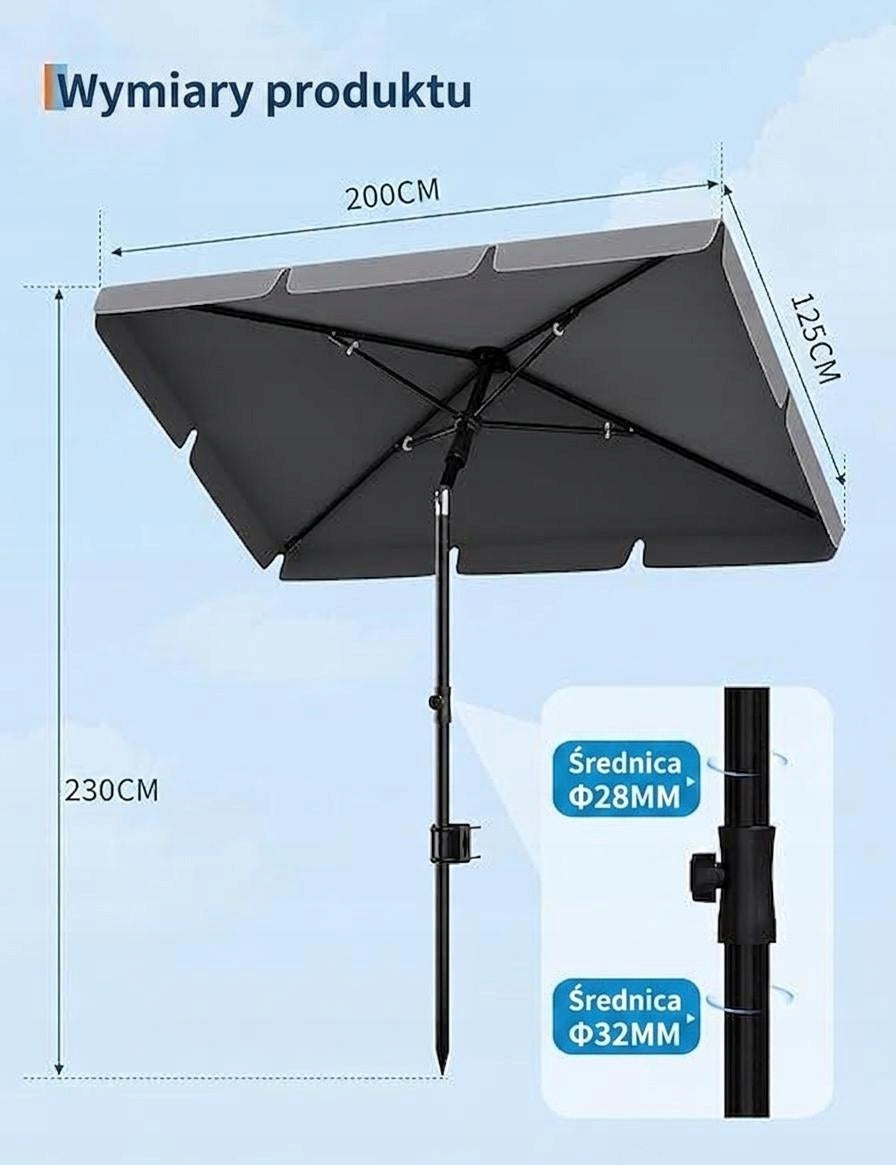 Parasol balkonowy 200x125 cm z pokrowcem,uchylny i regulowany na wysokość Packaging status original