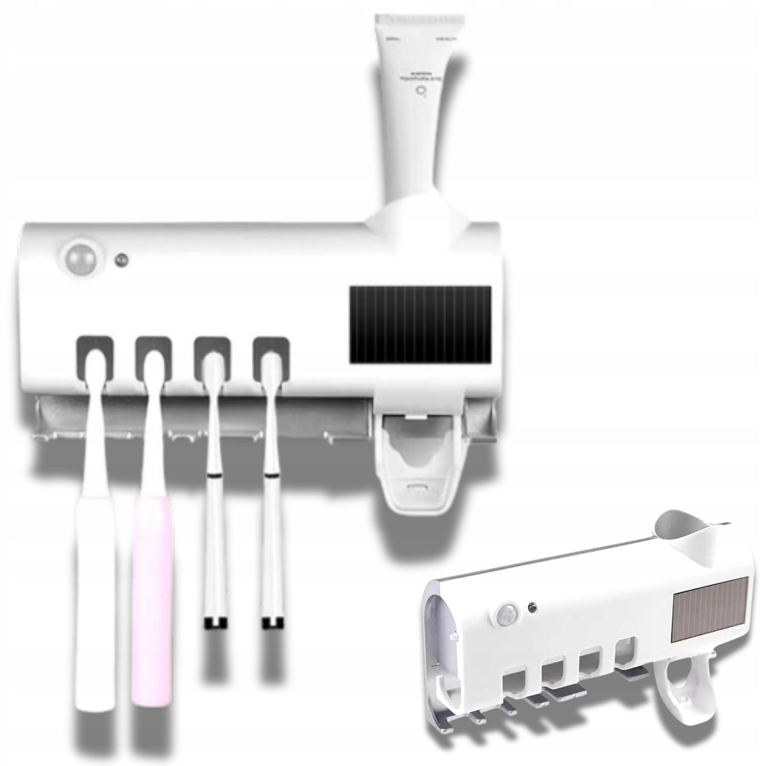 Paste dispenser with handle and UV sterilizer with motion sensor on brush