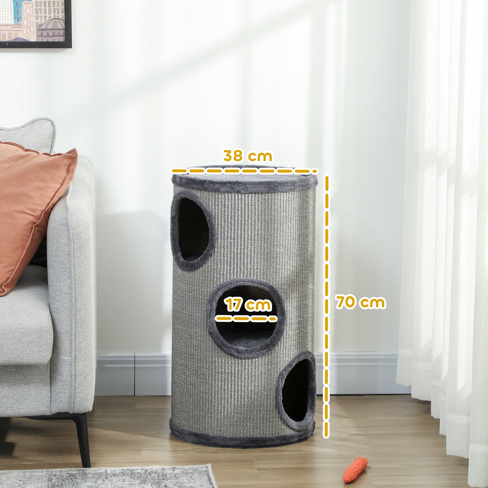PawHut Cat Scratcher with 3 Levels, Mat and Sisal Cord, 38x38x70 cm Color gray