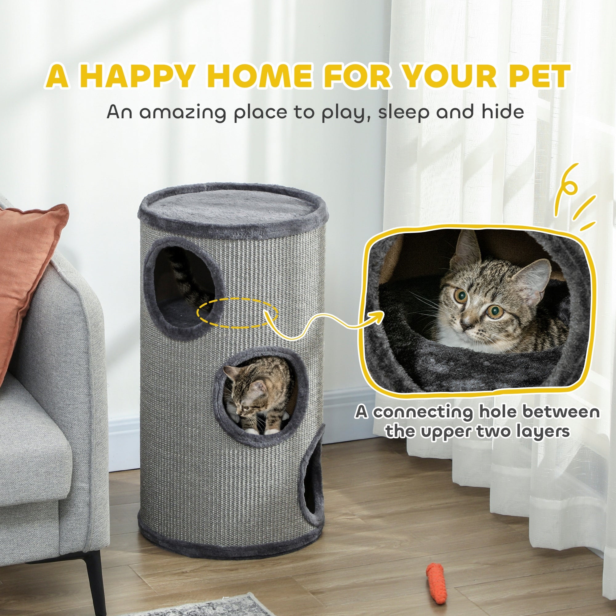 PawHut Cat Scratcher with 3 Levels, Mat and Sisal Cord, 38x38x70 cm Manufacturer code D30-535V01GY