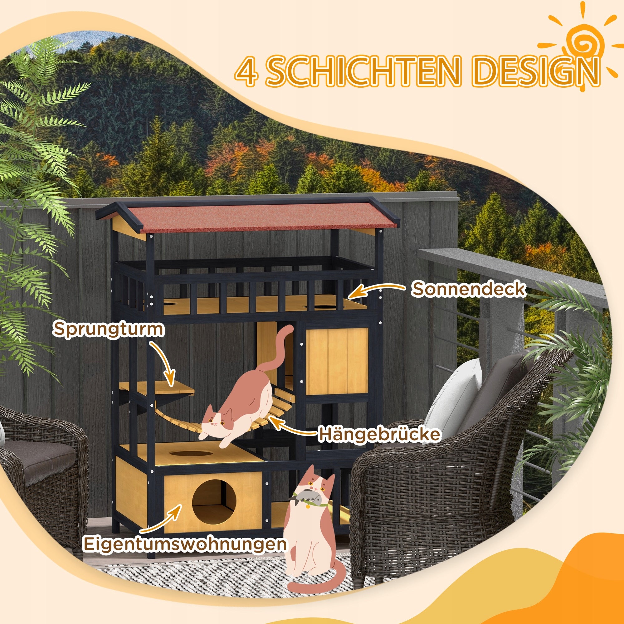 PawHut Cat house with platforms and bridge, for 2 cats Length 84 cm