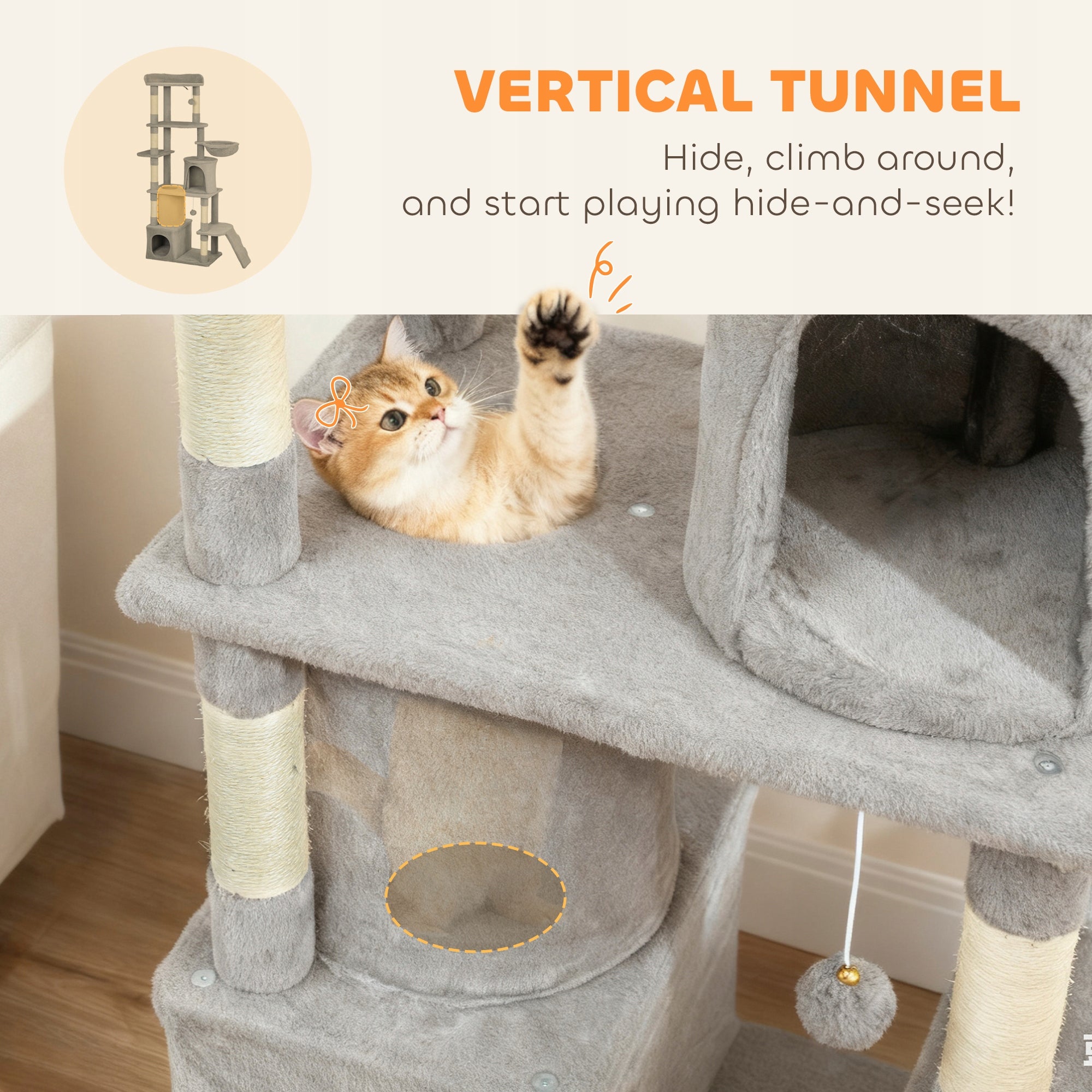 PawHut Cat scratcher, 170 cm, with tunnel and caves, large base, grey For for cat families