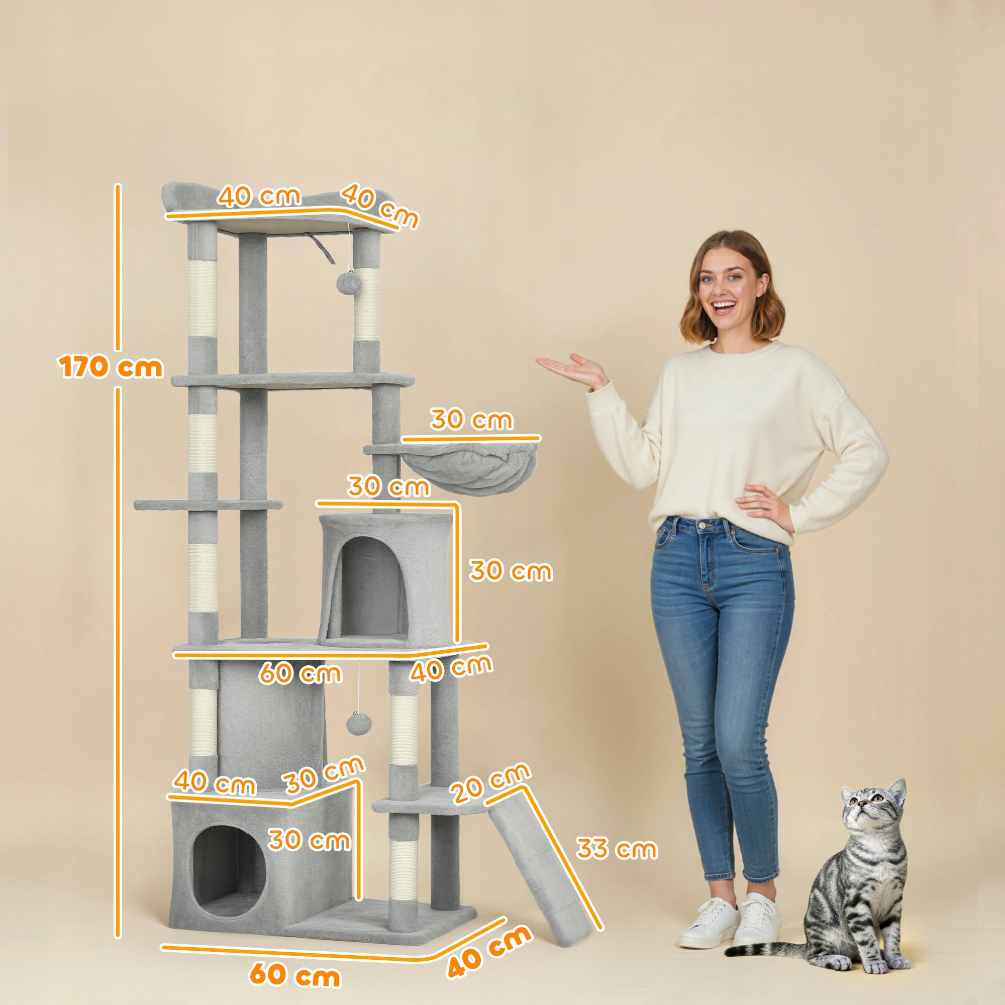 PawHut Cat scratcher, 170 cm, with tunnel and caves, large base, grey Height (cm) 161 - 220 cm