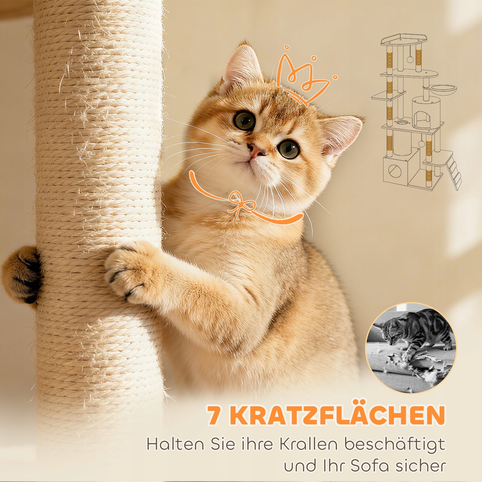 PawHut Cat scratcher, 170 cm, with tunnel and caves, large base, grey Number of levels 5
