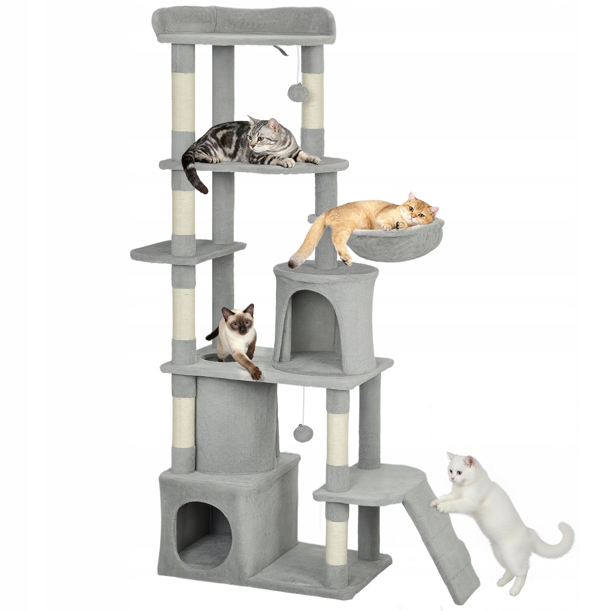 PawHut Cat scratcher, 170 cm, with tunnel and caves, large base, grey