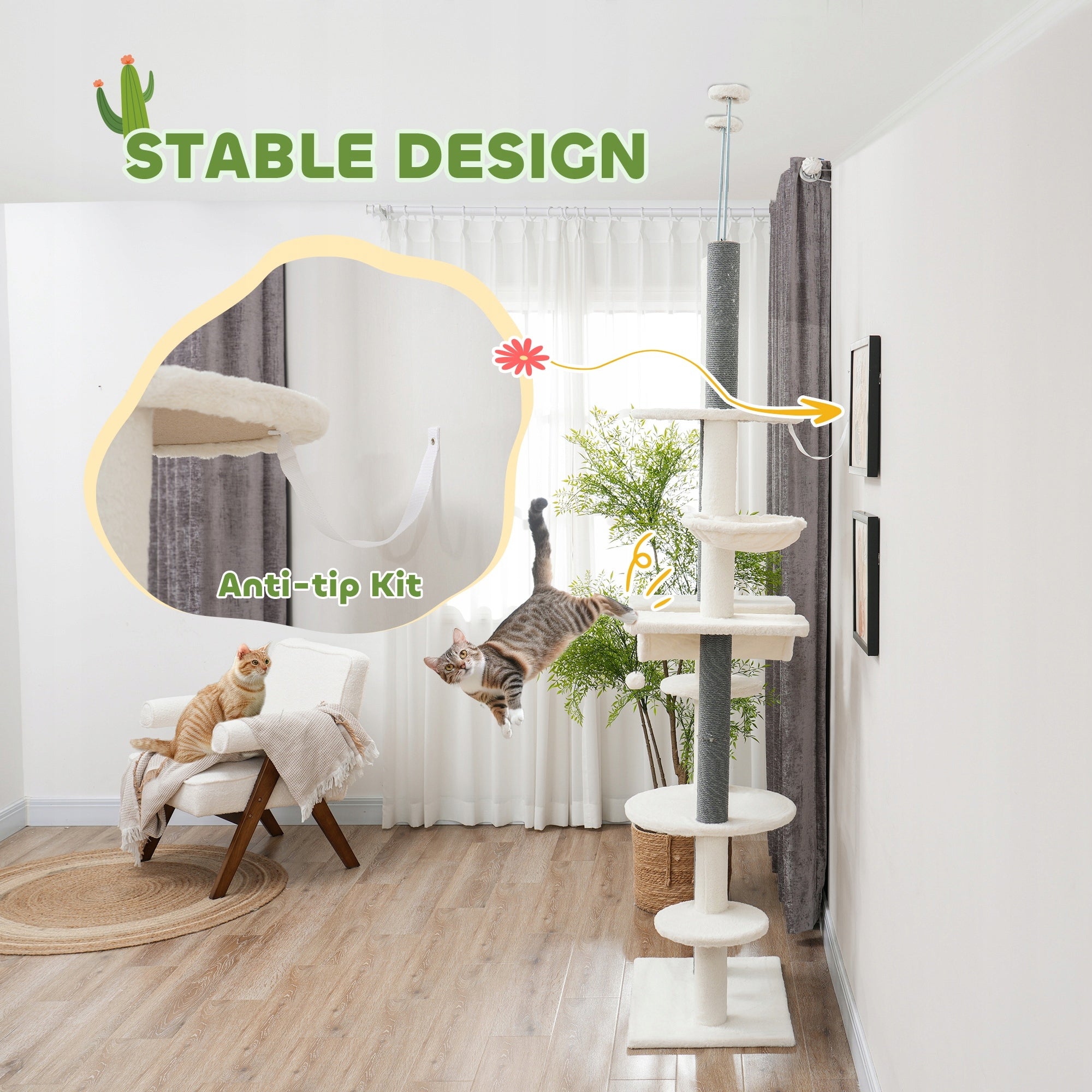 PawHut Cat scratcher, adjustable height 225-255 cm, 7-level, white Kind floor-to-ceiling cat tree