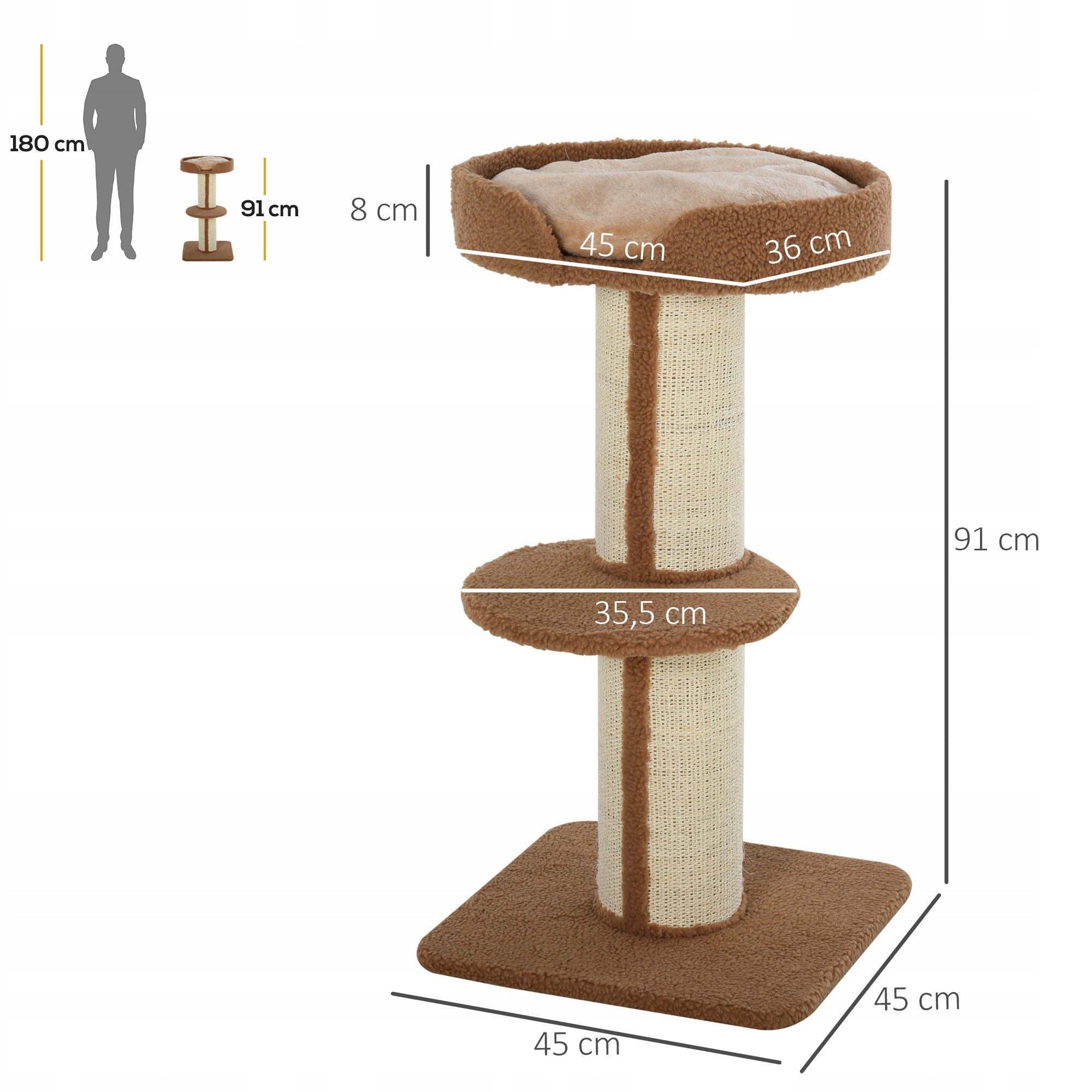 PawHut Cat scratcher for play with sisal platform plush, height 91cm brown Kind bed