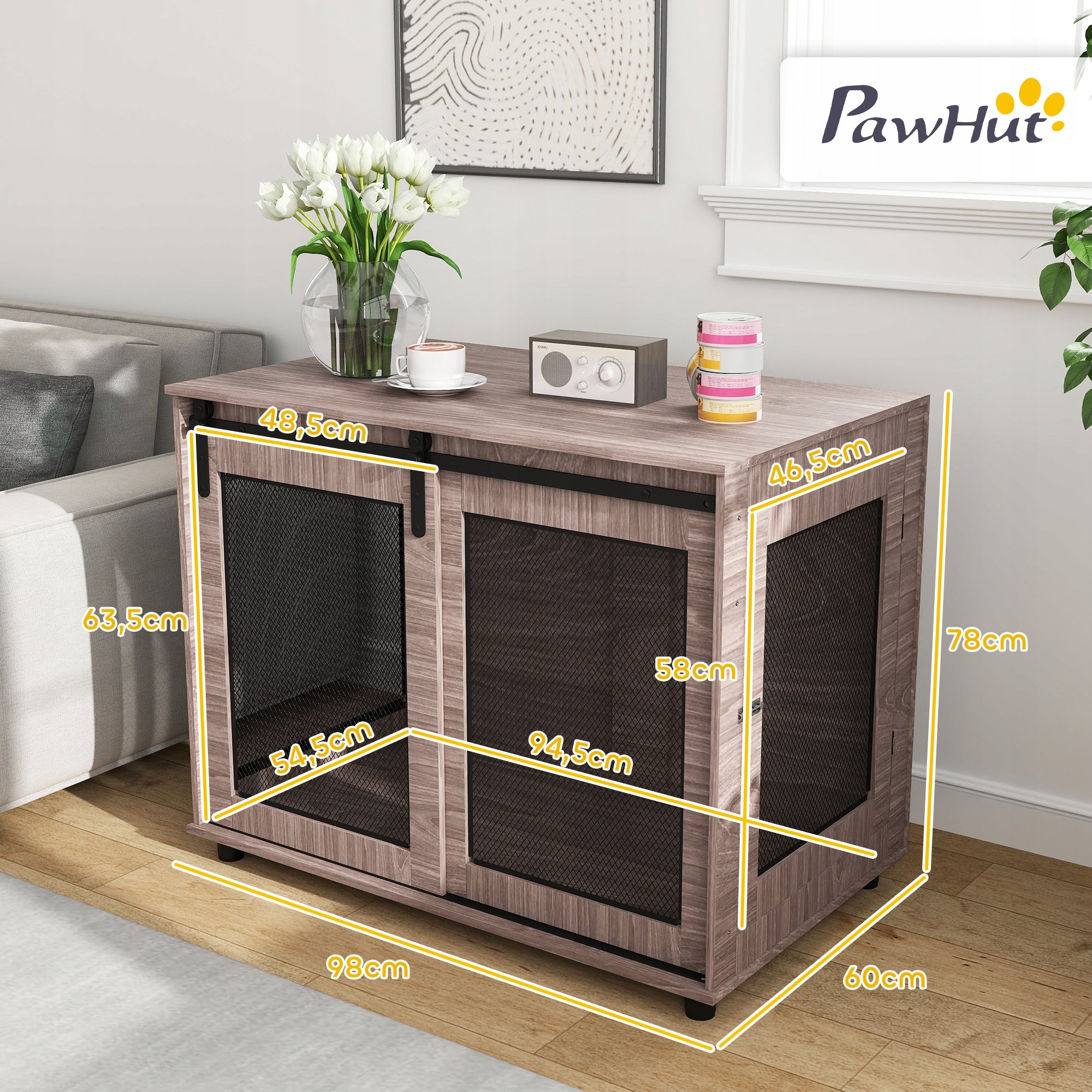 PawHut Dog cage, 2 lockable doors, side table, 98 x 60 x 78 cm Material of manufacture wood