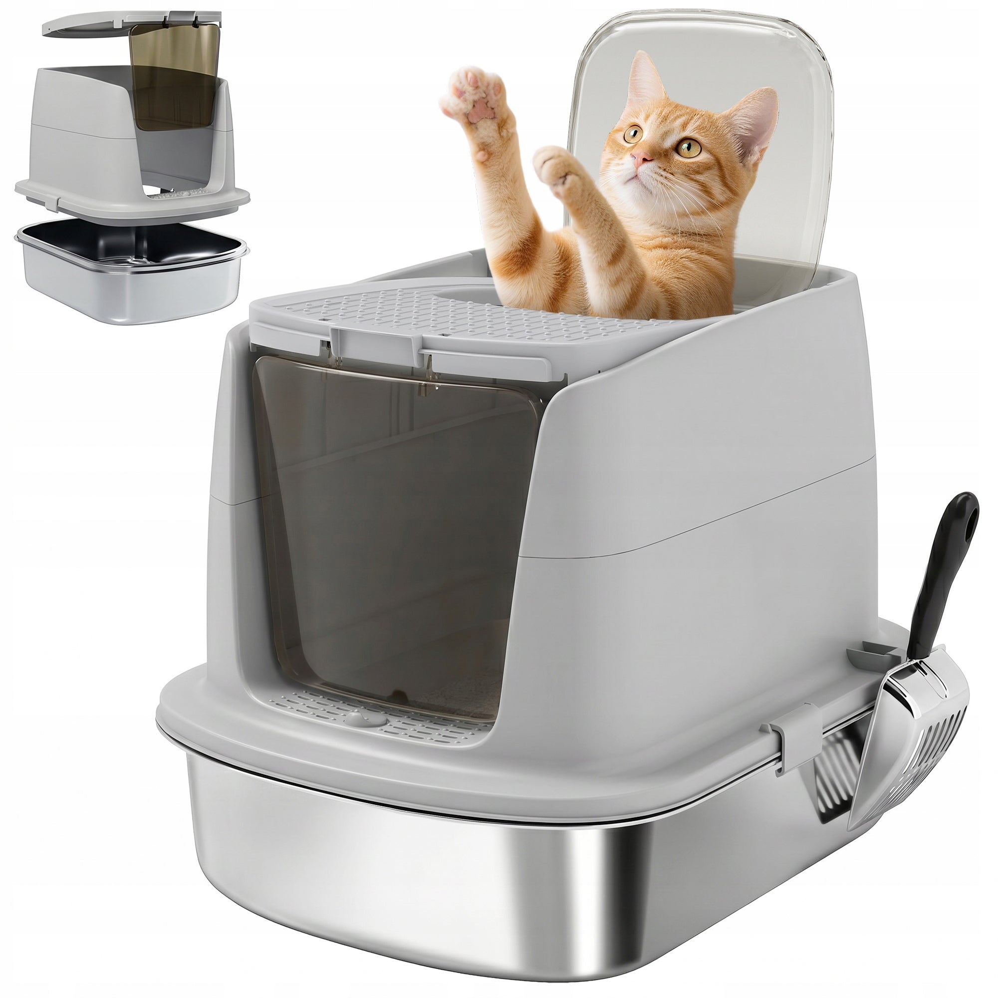 PawHut Stainless Steel Cat Cuvette with Lid, Closed, Grey