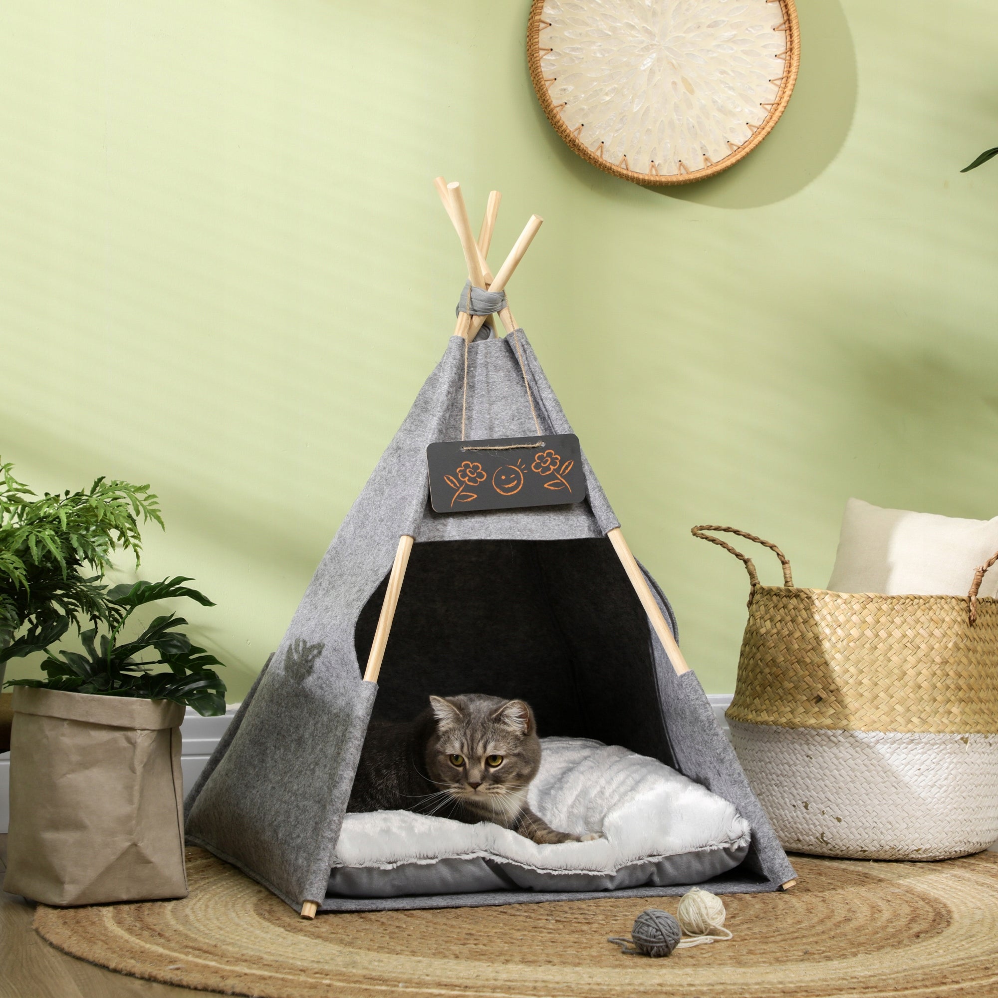 PawHut Tent for dog, cat, with soft pillow, plush, grey, 58x58x80cm Manufacturer code D30-386