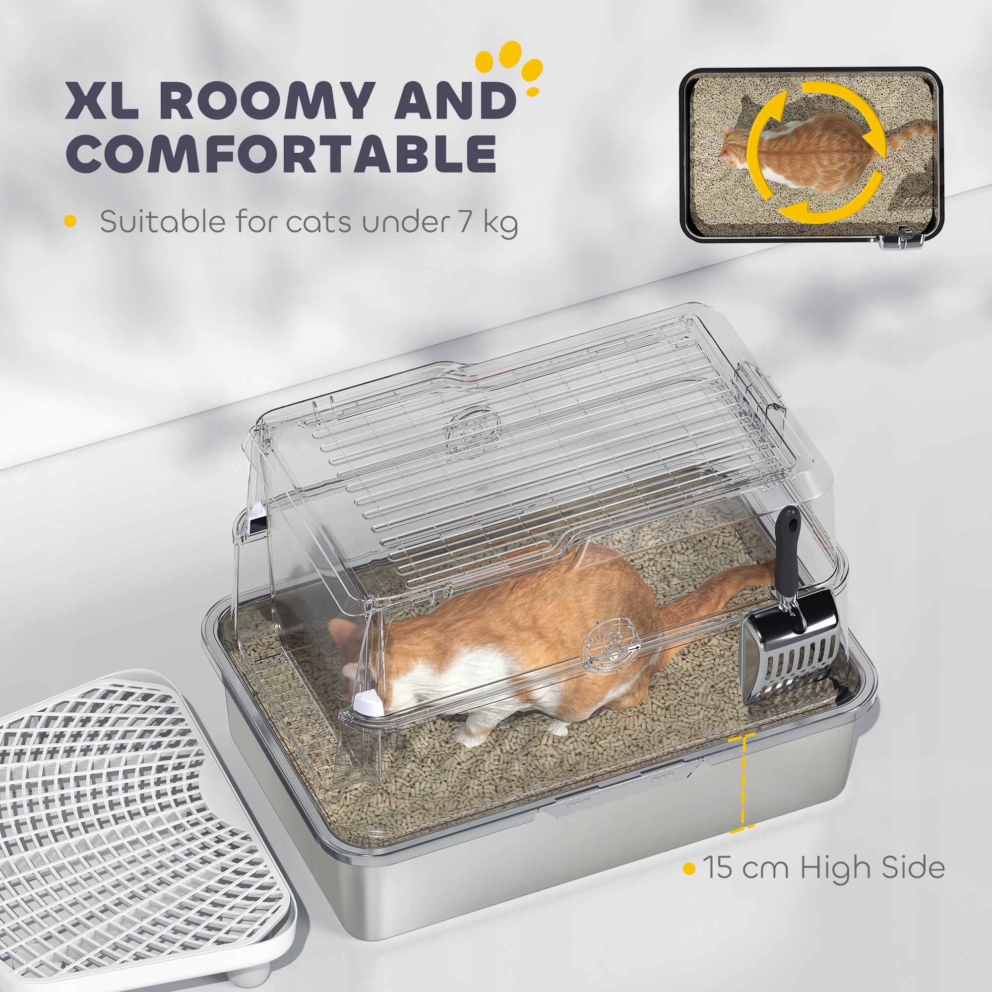PawHut XL stainless steel litter box with lid, for large cats, grey Product width 40.2 cm