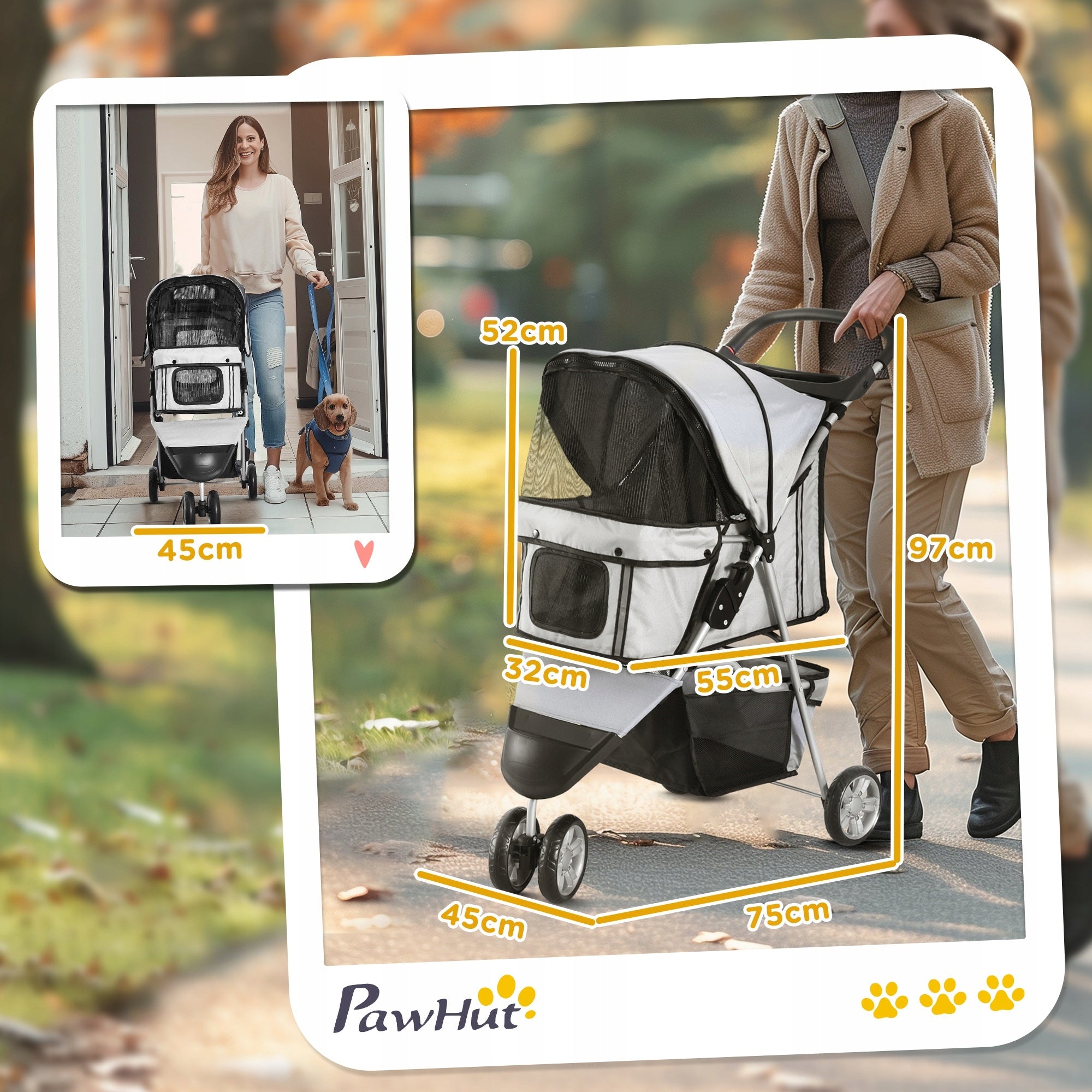 PawHut dog and cat stroller, nylon mesh, 75x45x97cm, grey Color gray