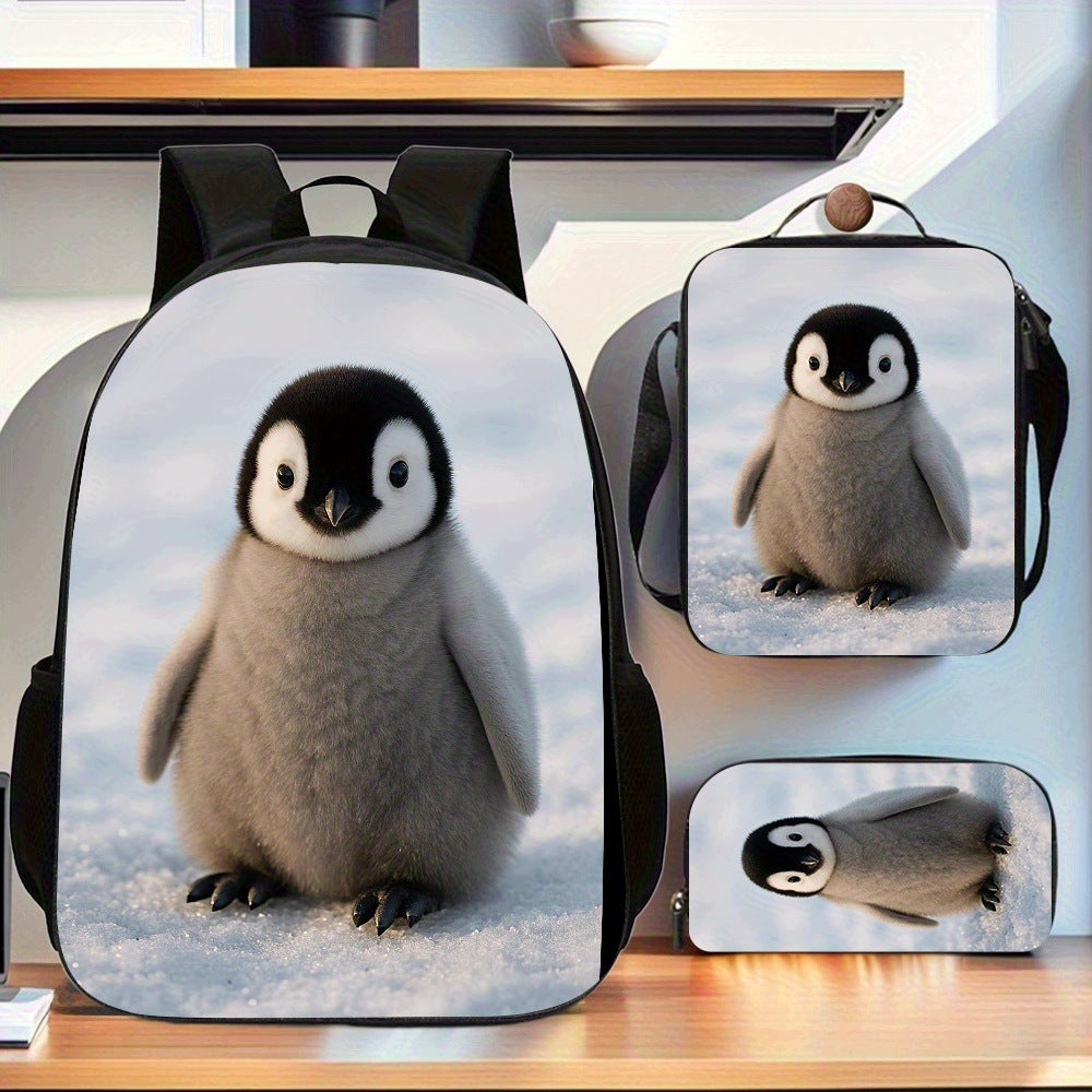Penguin Backpack 3-Piece Set: Pencil Bag, Crossbody Bag, Travel/Daily Use