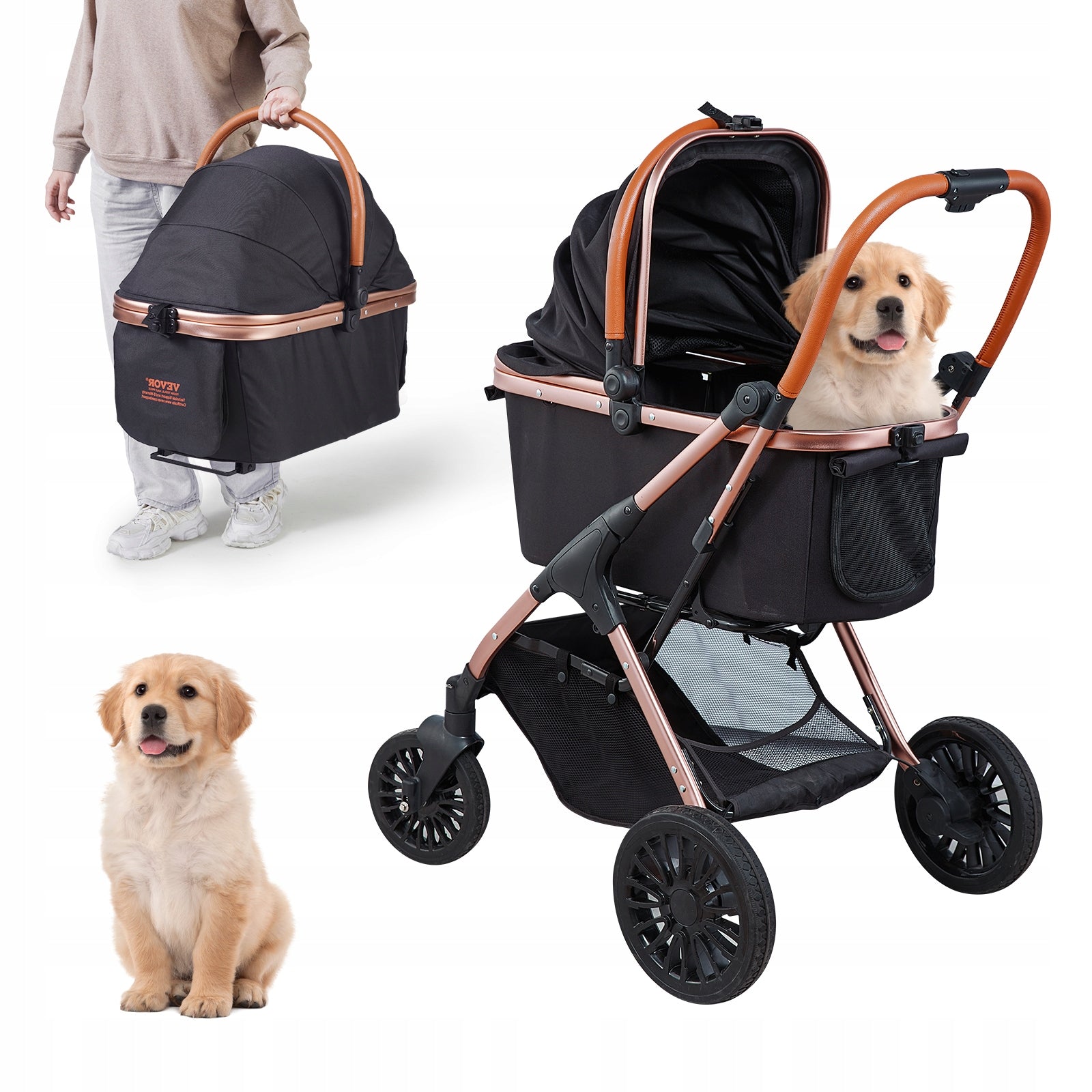 Pet Stroller 4 Wheels Rotate Brakes 29.9kg Capacity Detachable Black