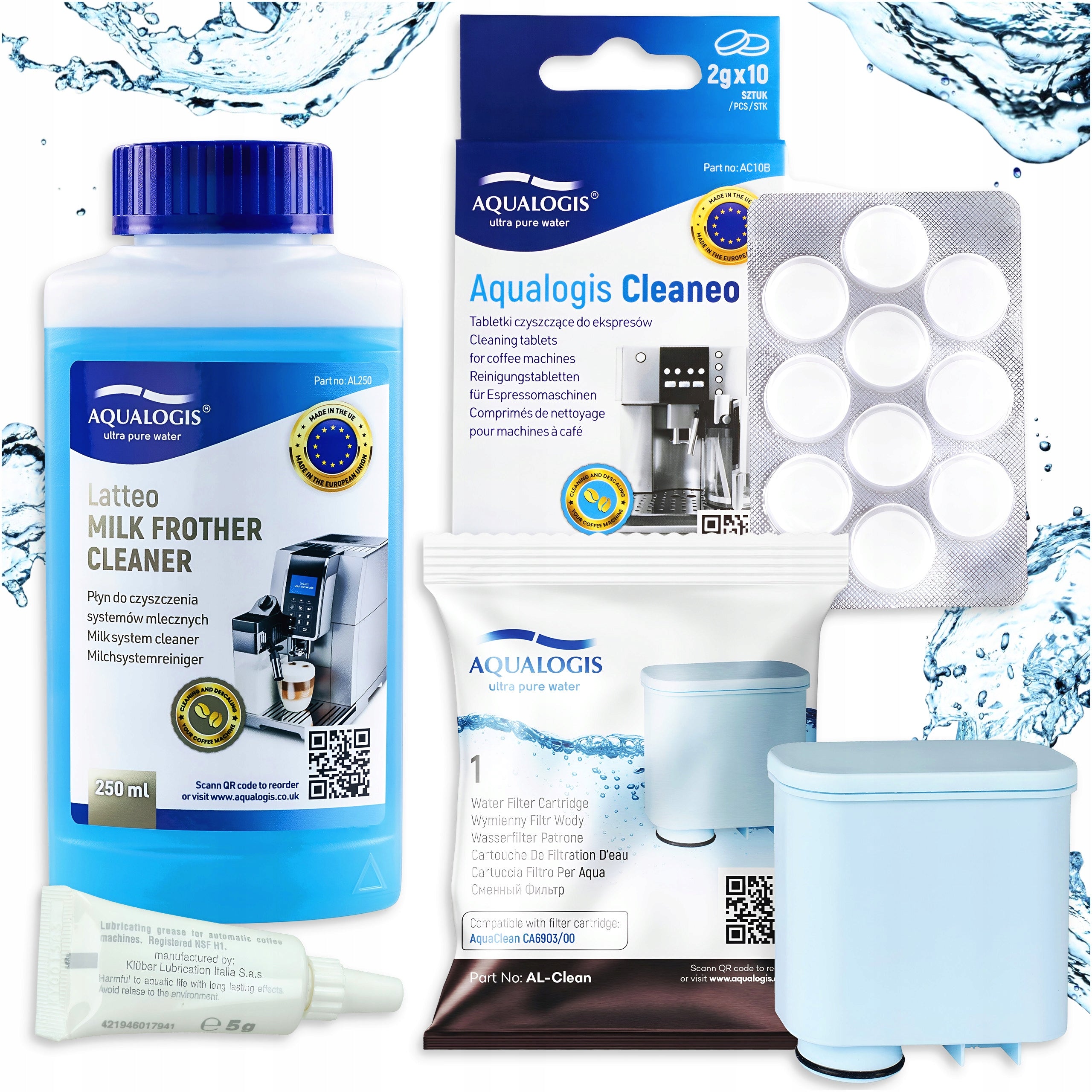 Philips AL-Clean Espresso Machine Filter + Grease + Cleaning Tablets + Latteo Liquid
