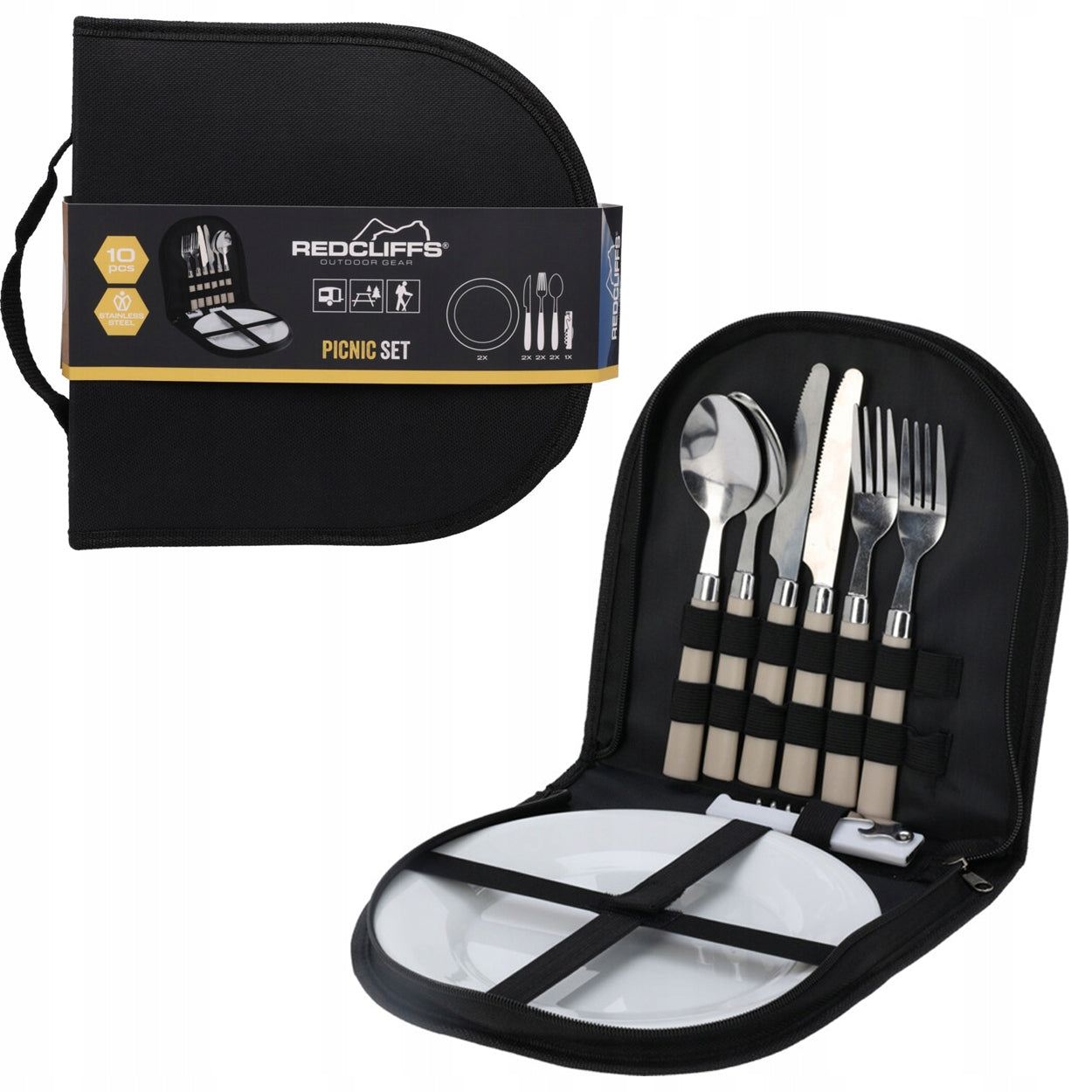 Picnic Set in Case 10 Elements for Grill Cutlery Plates Spoons Corkscrew